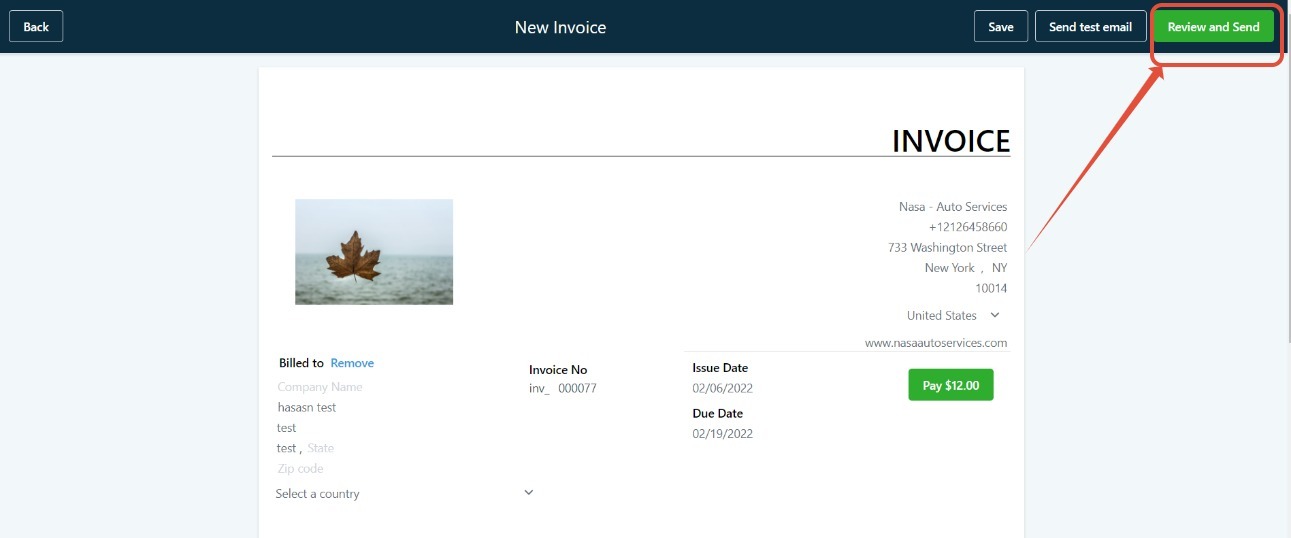 send invoice button