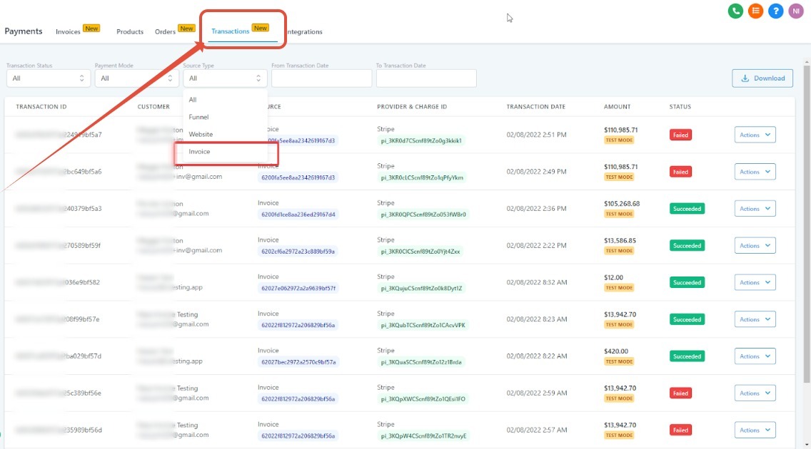 transactions tab
