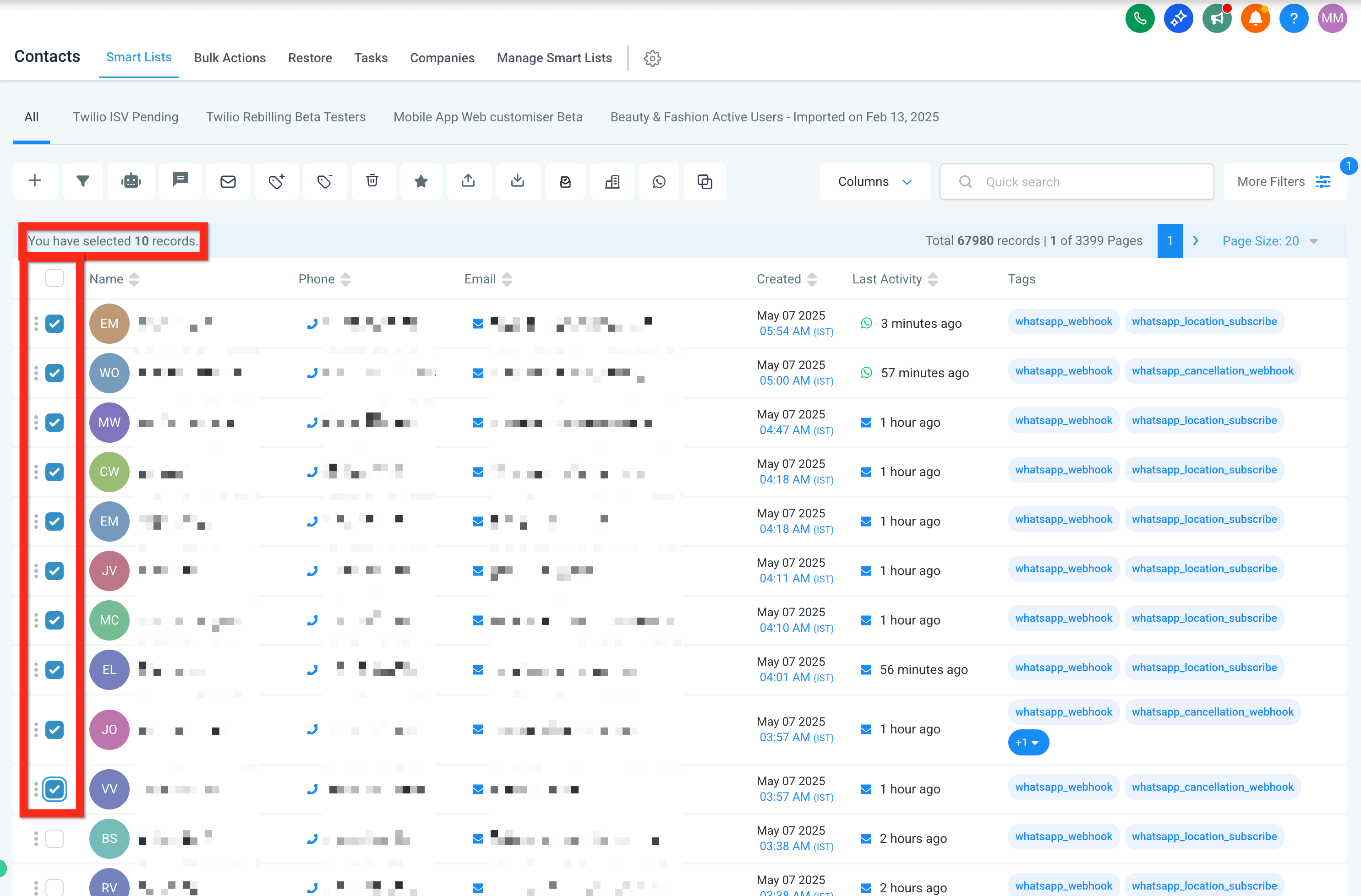 Select Contacts for Bulk Action