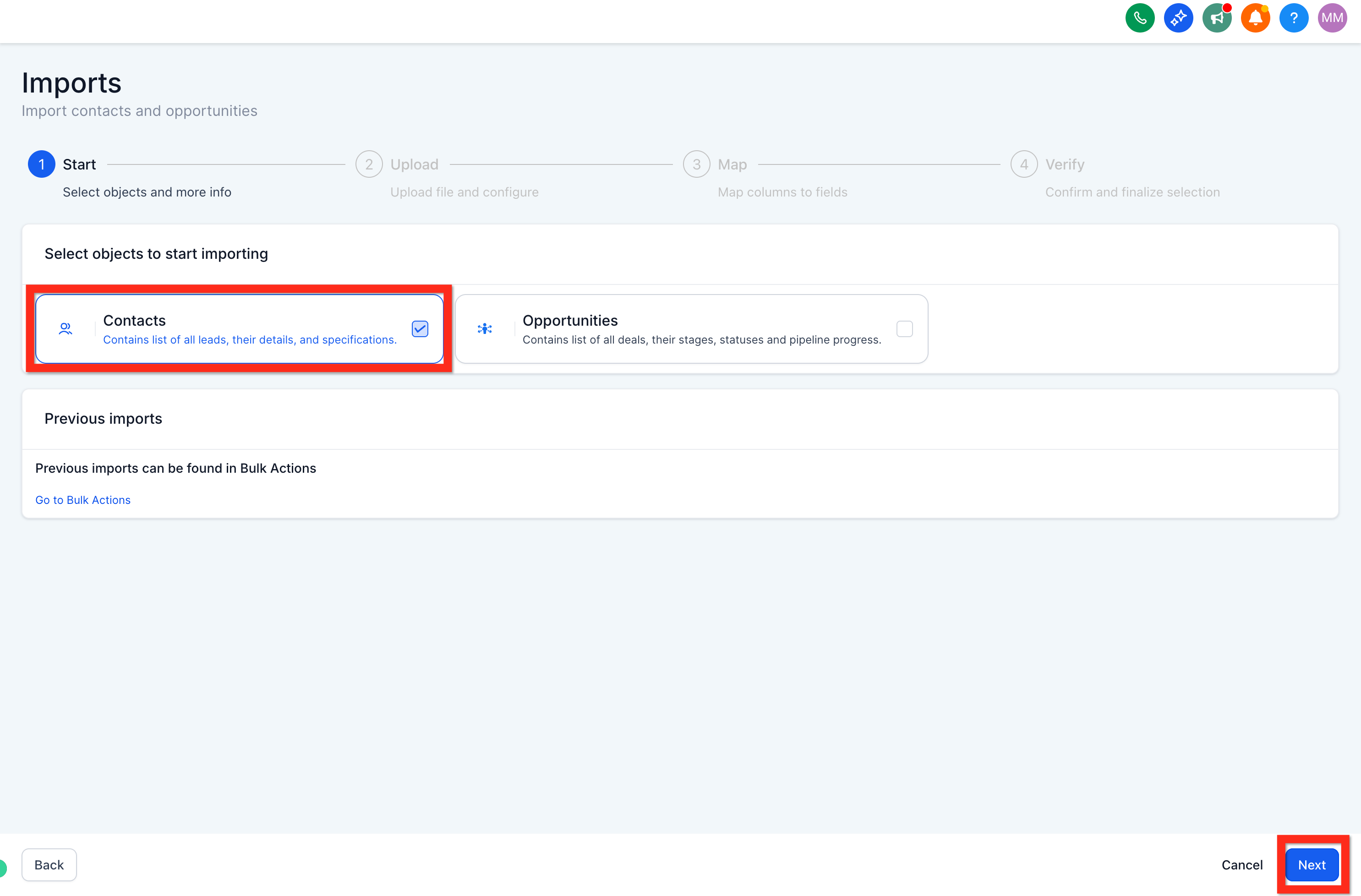 Select Contacts Import Type
