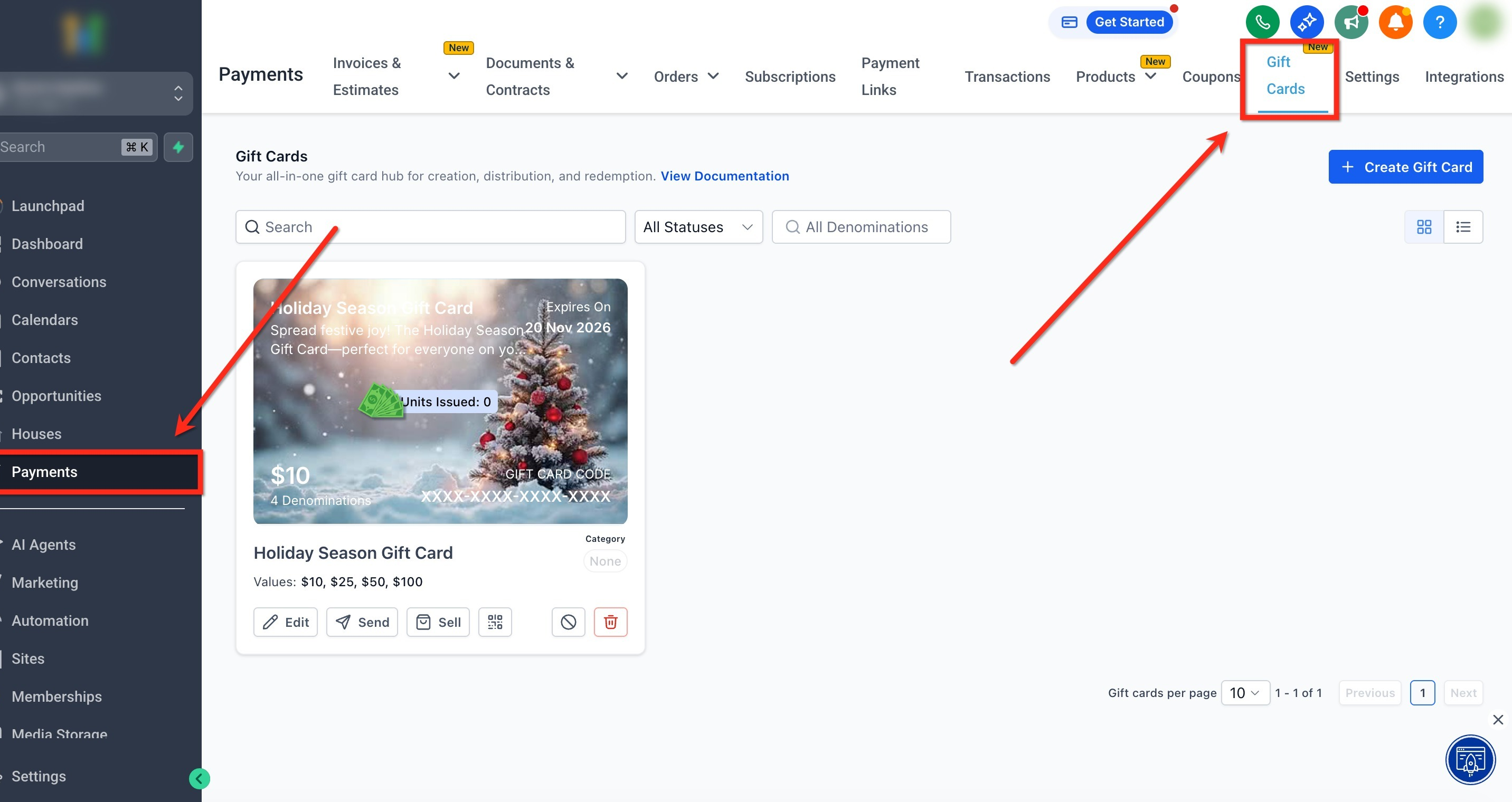 Navigate to Gift Cards
