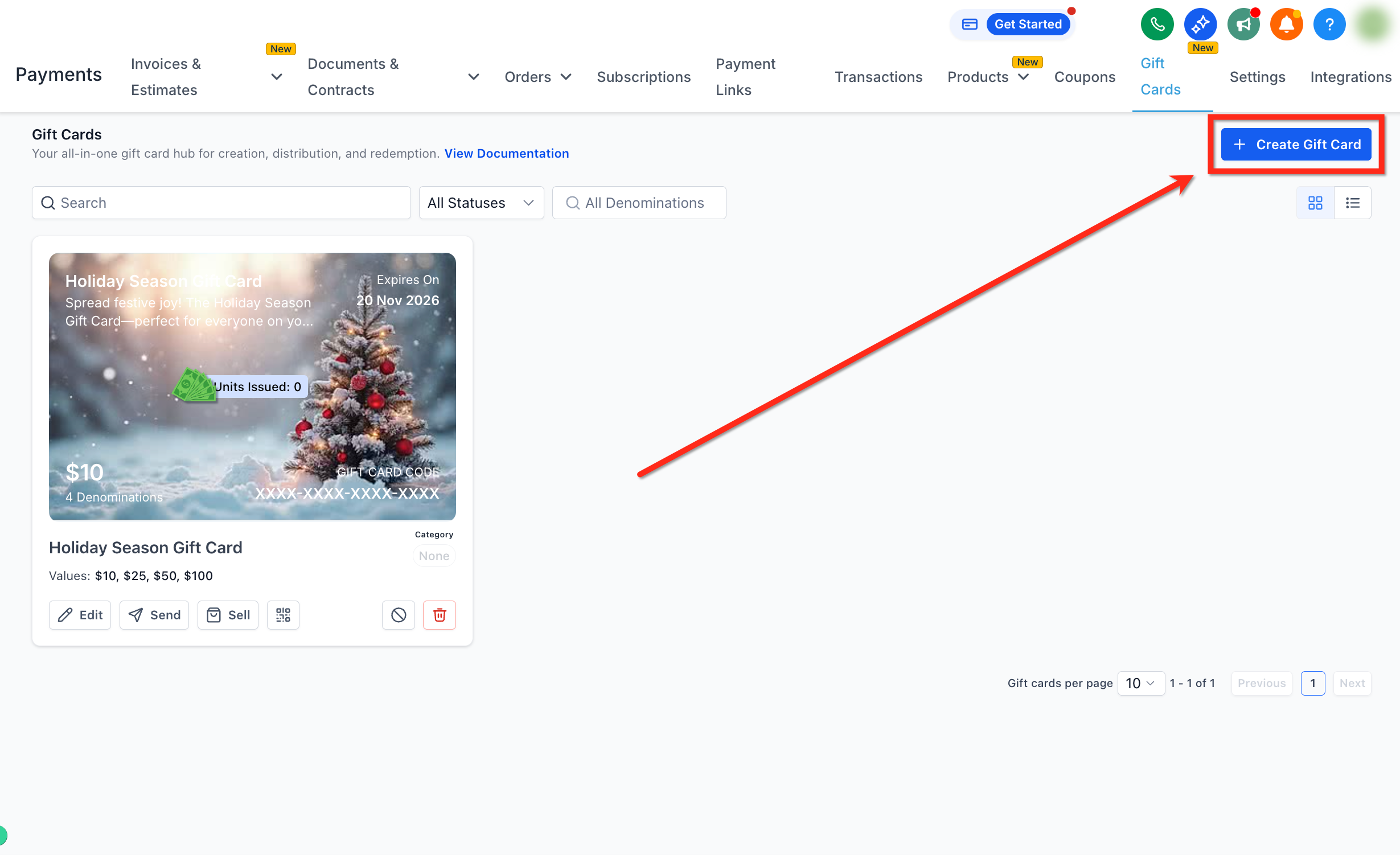 Create Gift Card Button