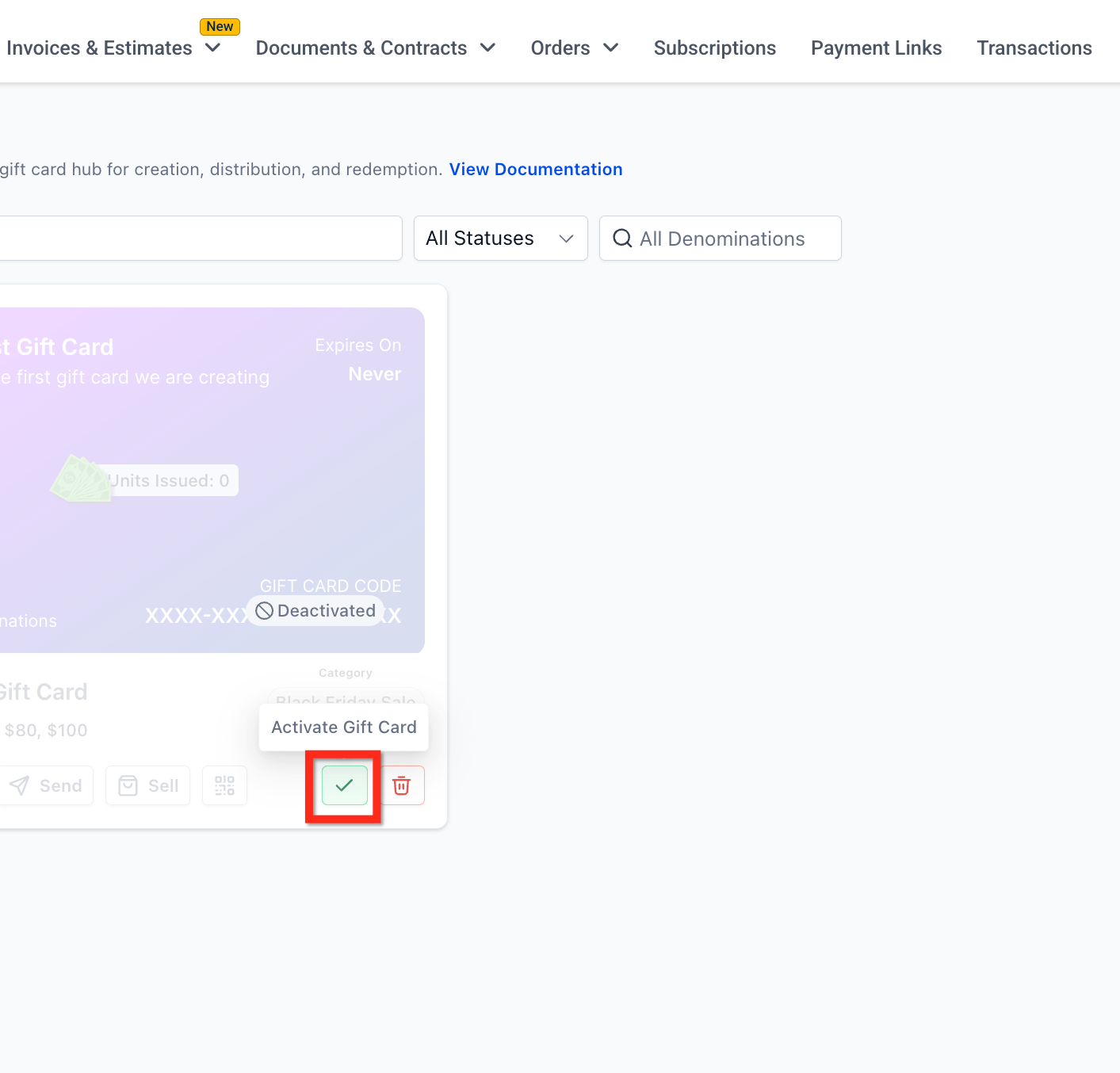 Activate/Deactivate Gift Card