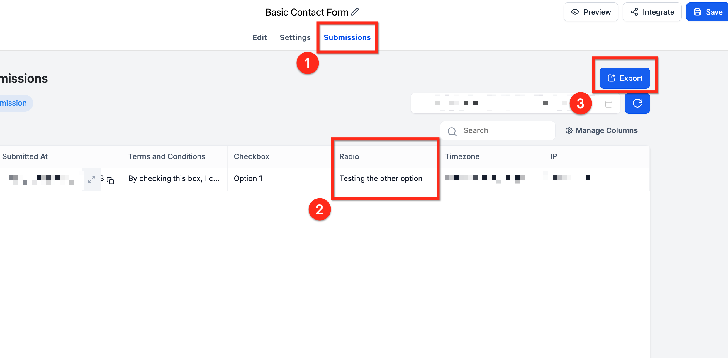 Form submissions view in Captivation Hub
