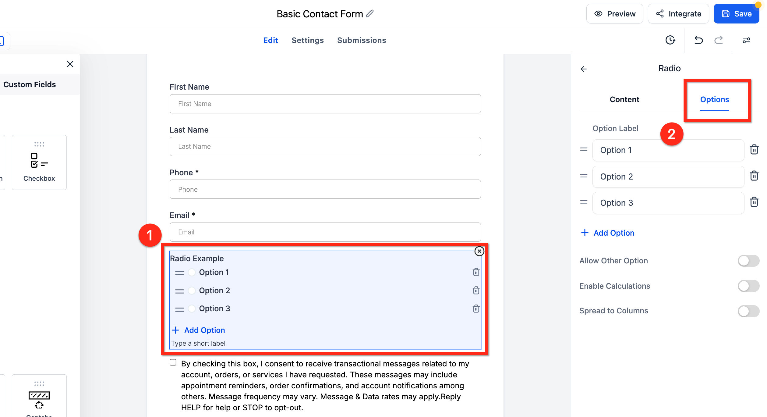 Opening the Options tab in the radio element settings