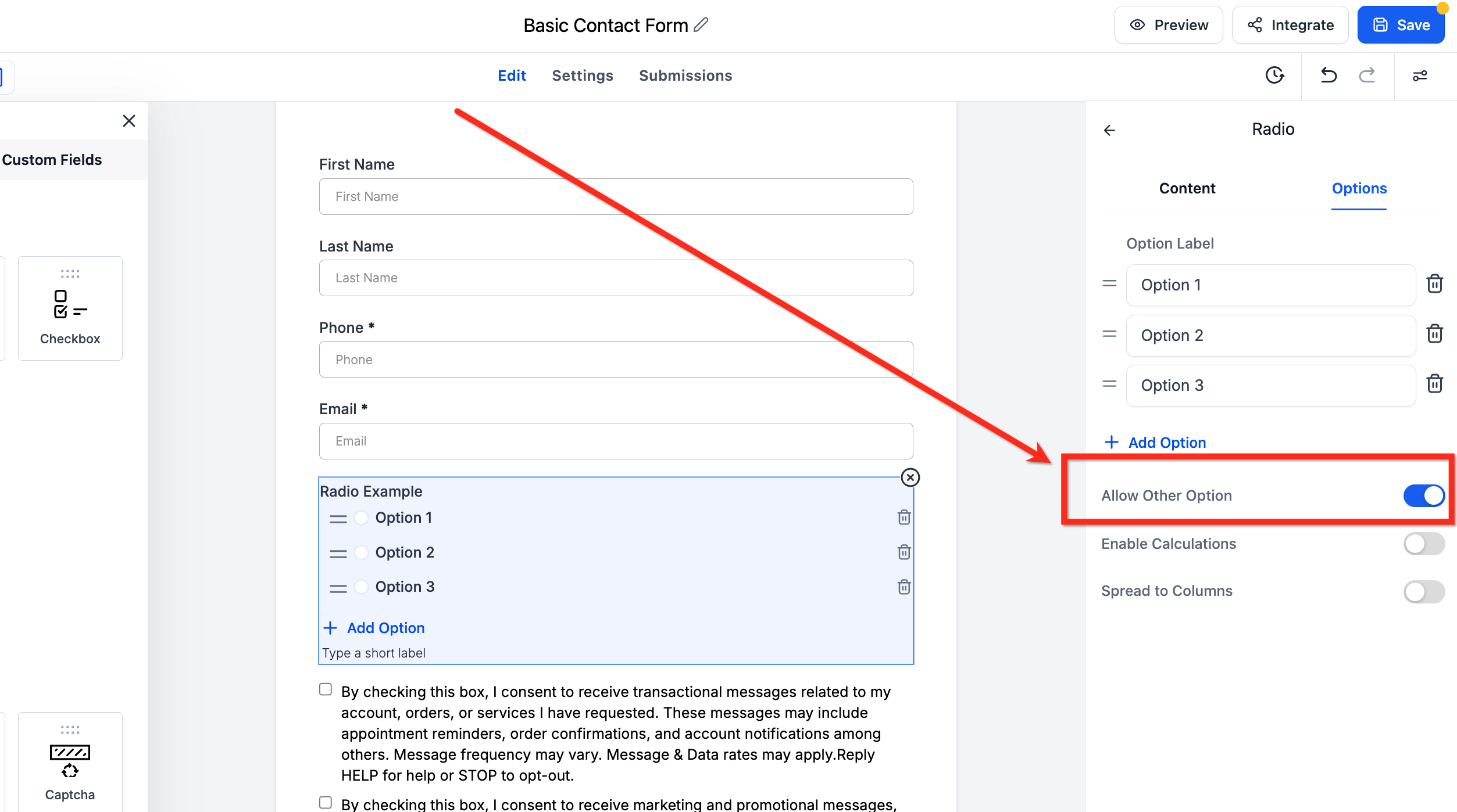 Allow Other Options toggle enabled in Captivation Hub
