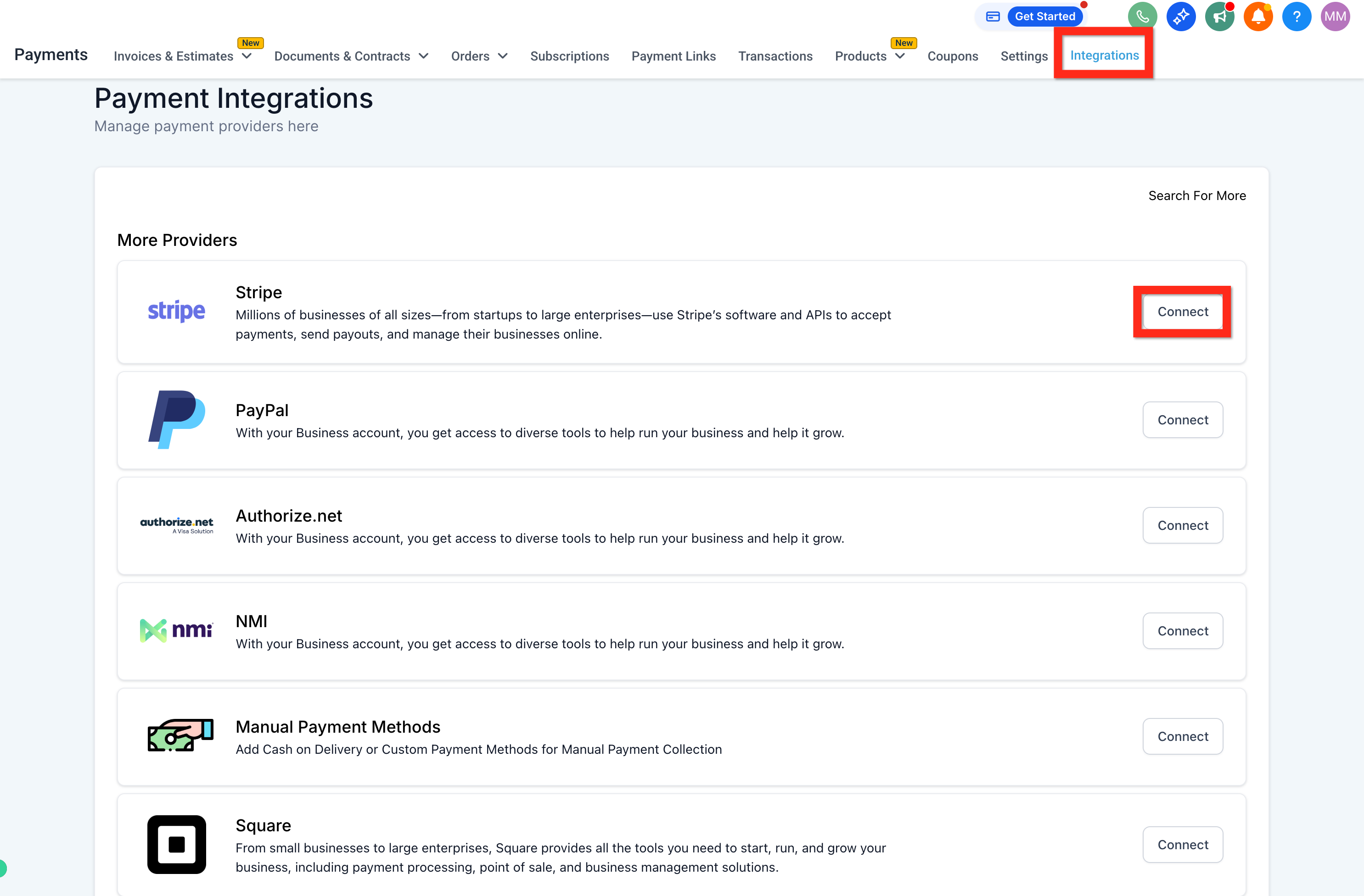 Payments Integrations Page