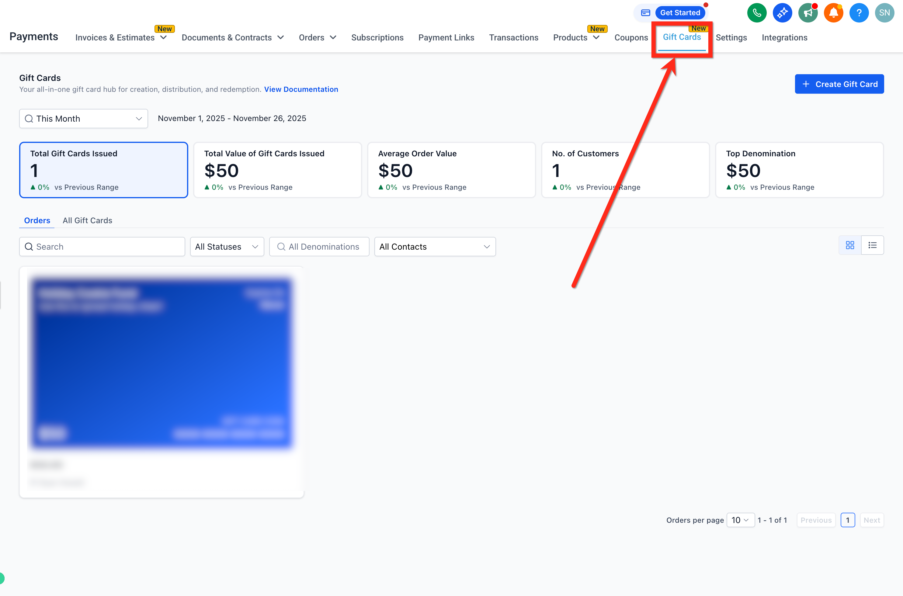 Navigate to Gift Cards and click Send