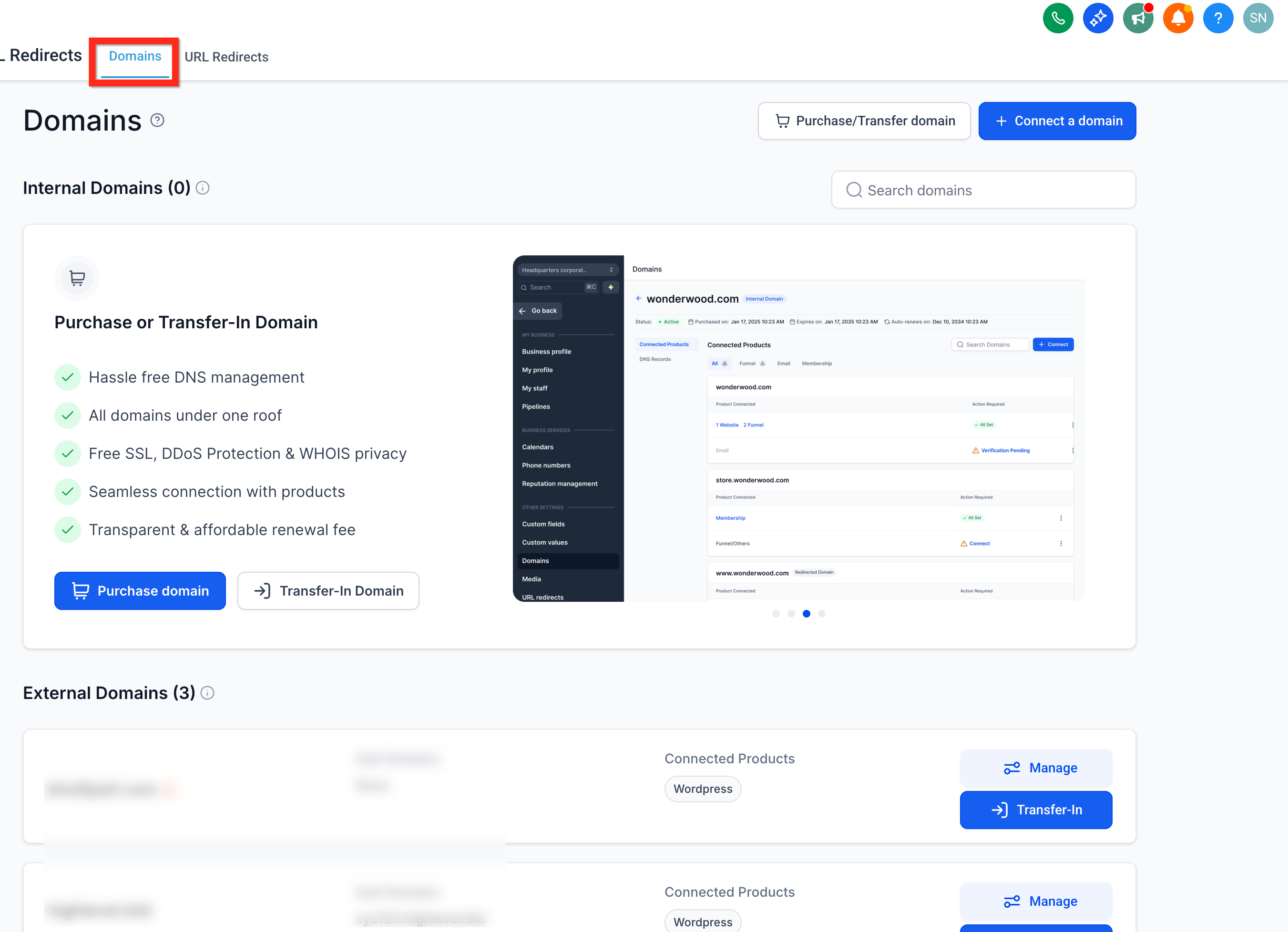 Transfer-In Domain button