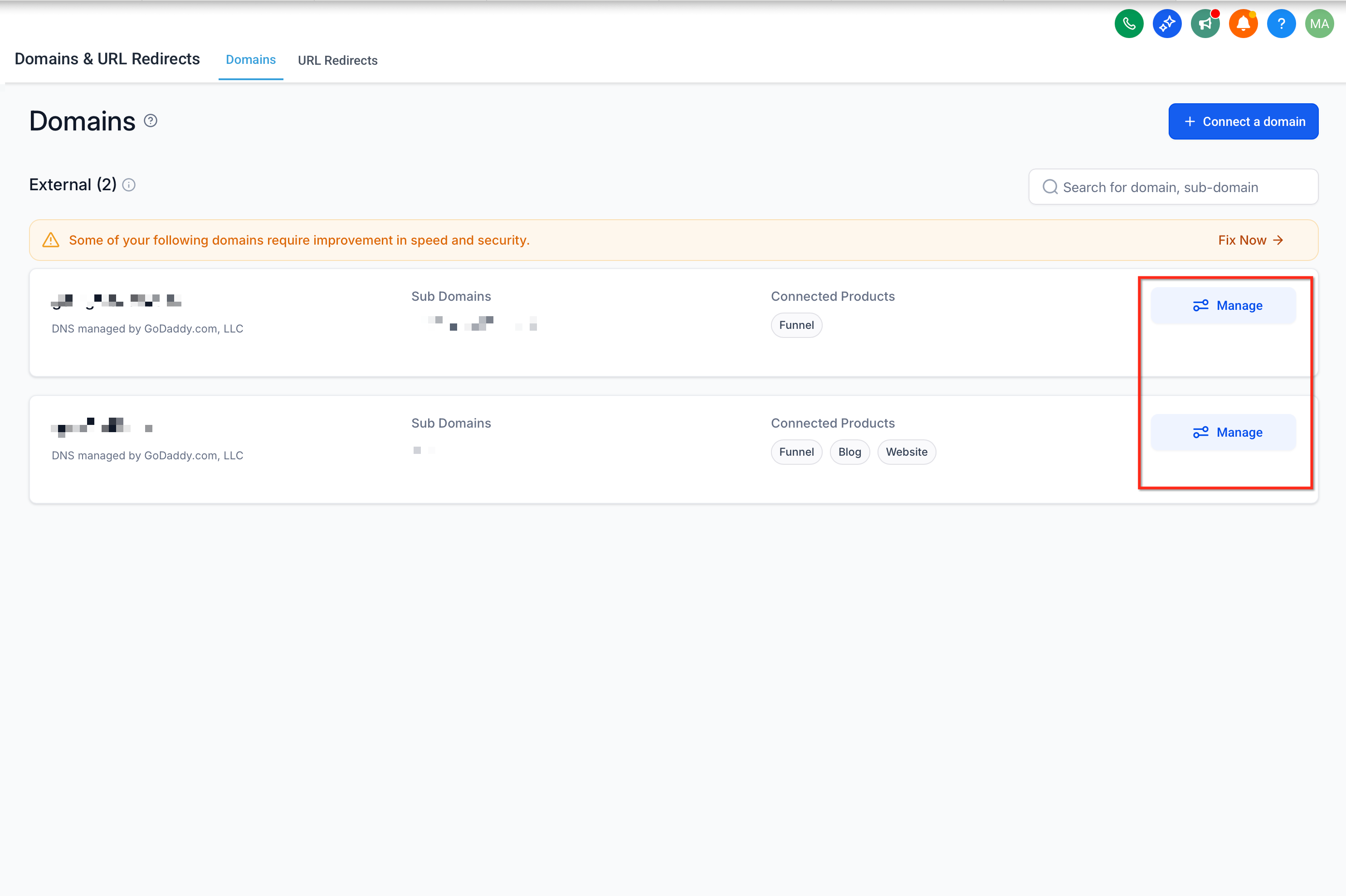 Remove domain - three dots menu