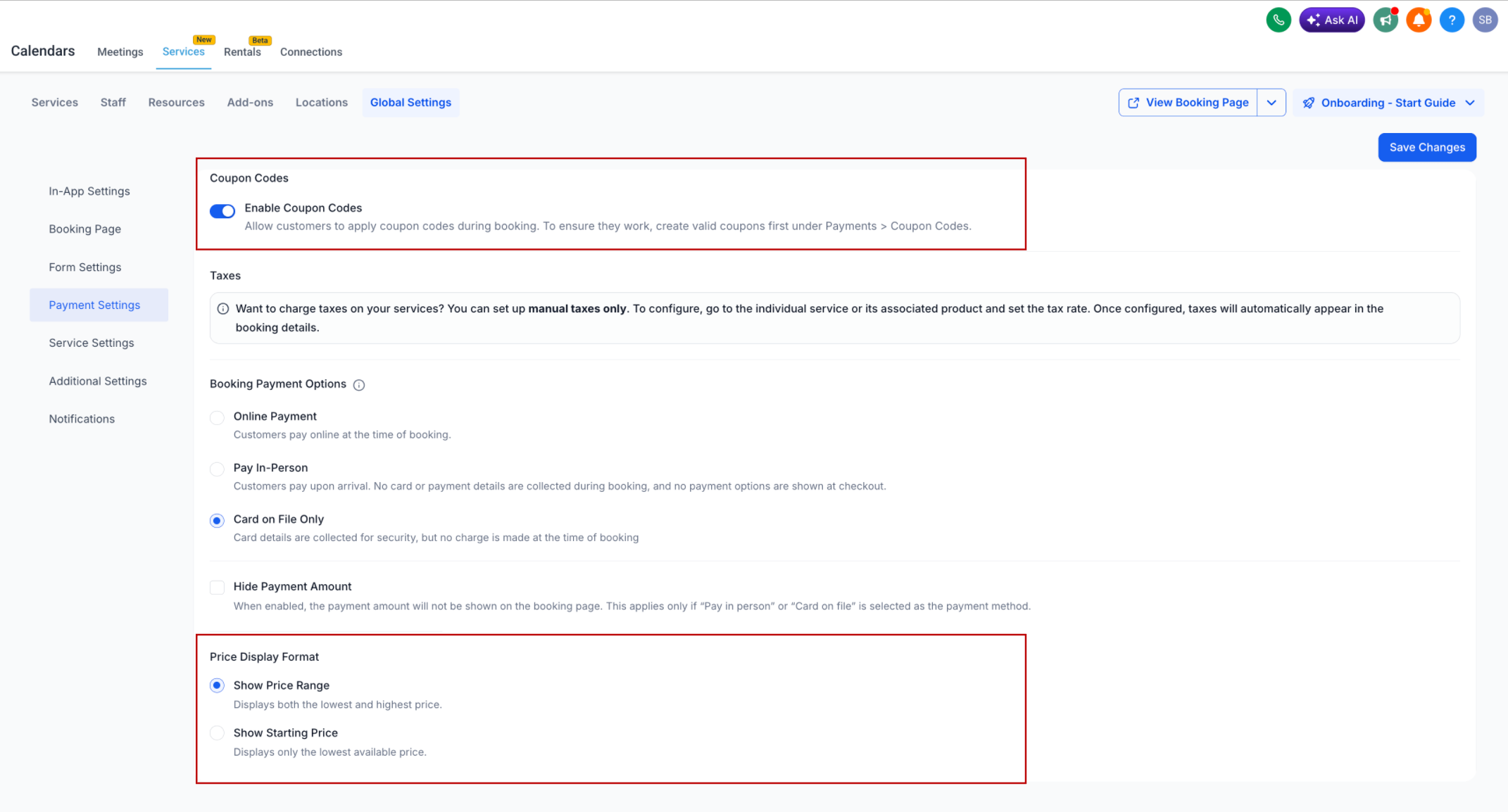 Calendar pricing controls settings