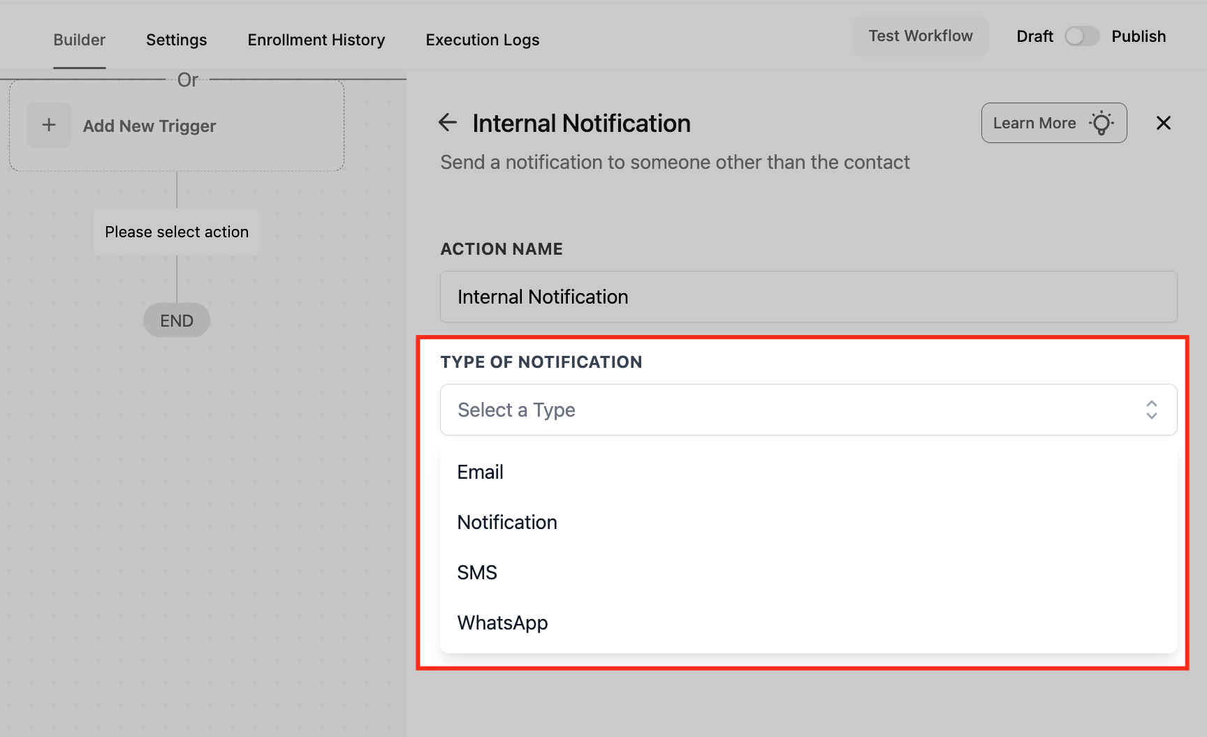 Select notification type dropdown