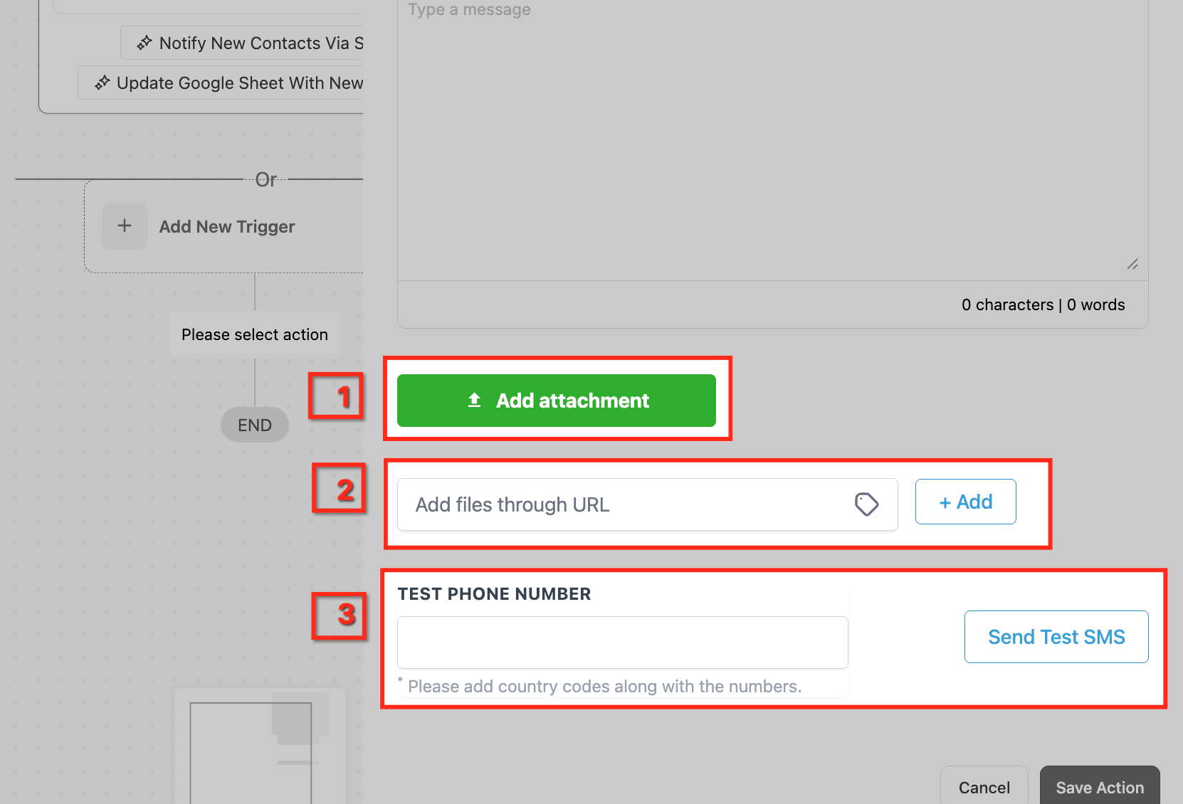 SMS attachments and test phone number fields