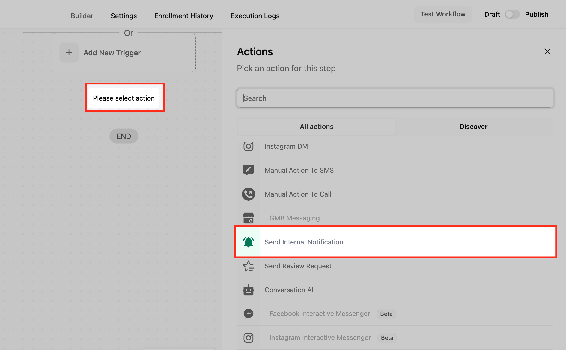 Select Internal Notification action from list