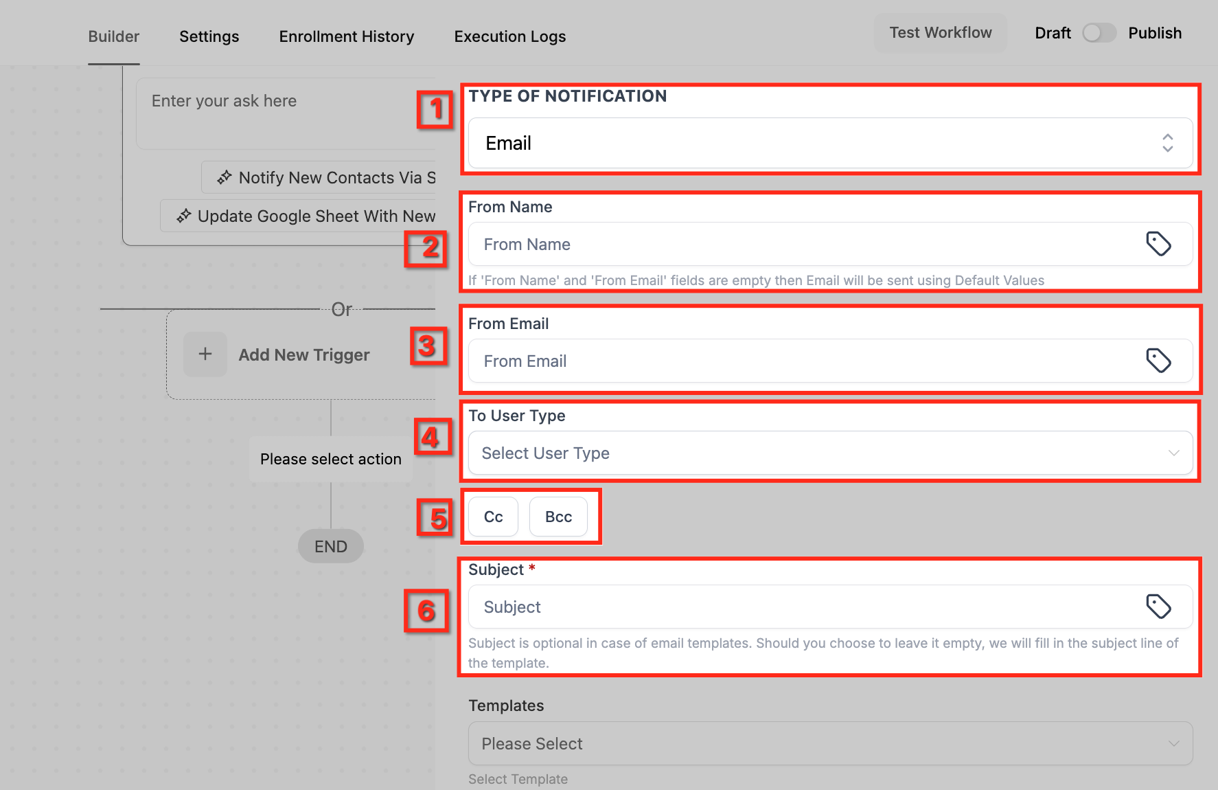 Email notification configuration fields