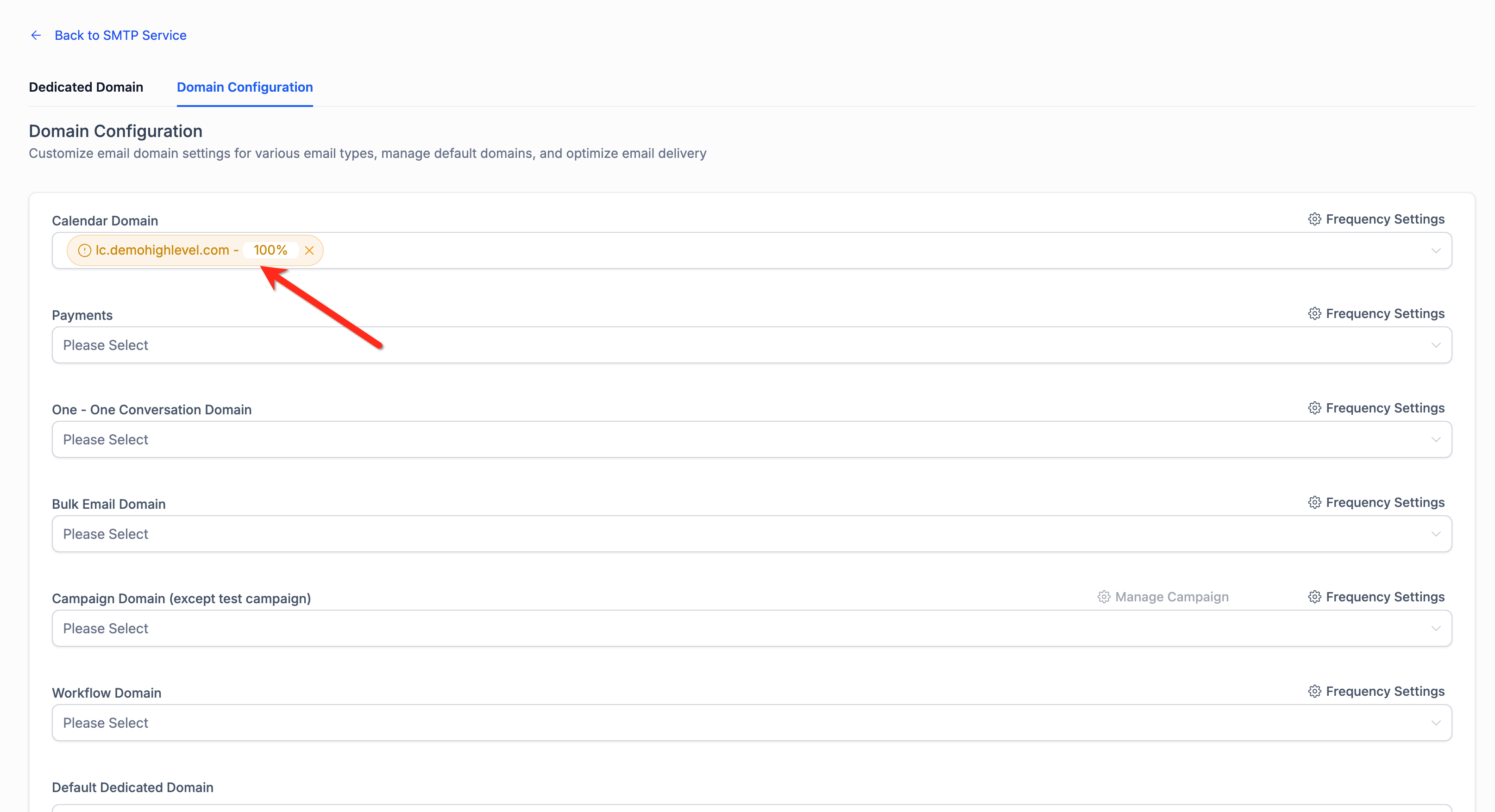 Calendar email domain configuration - percentage distribution