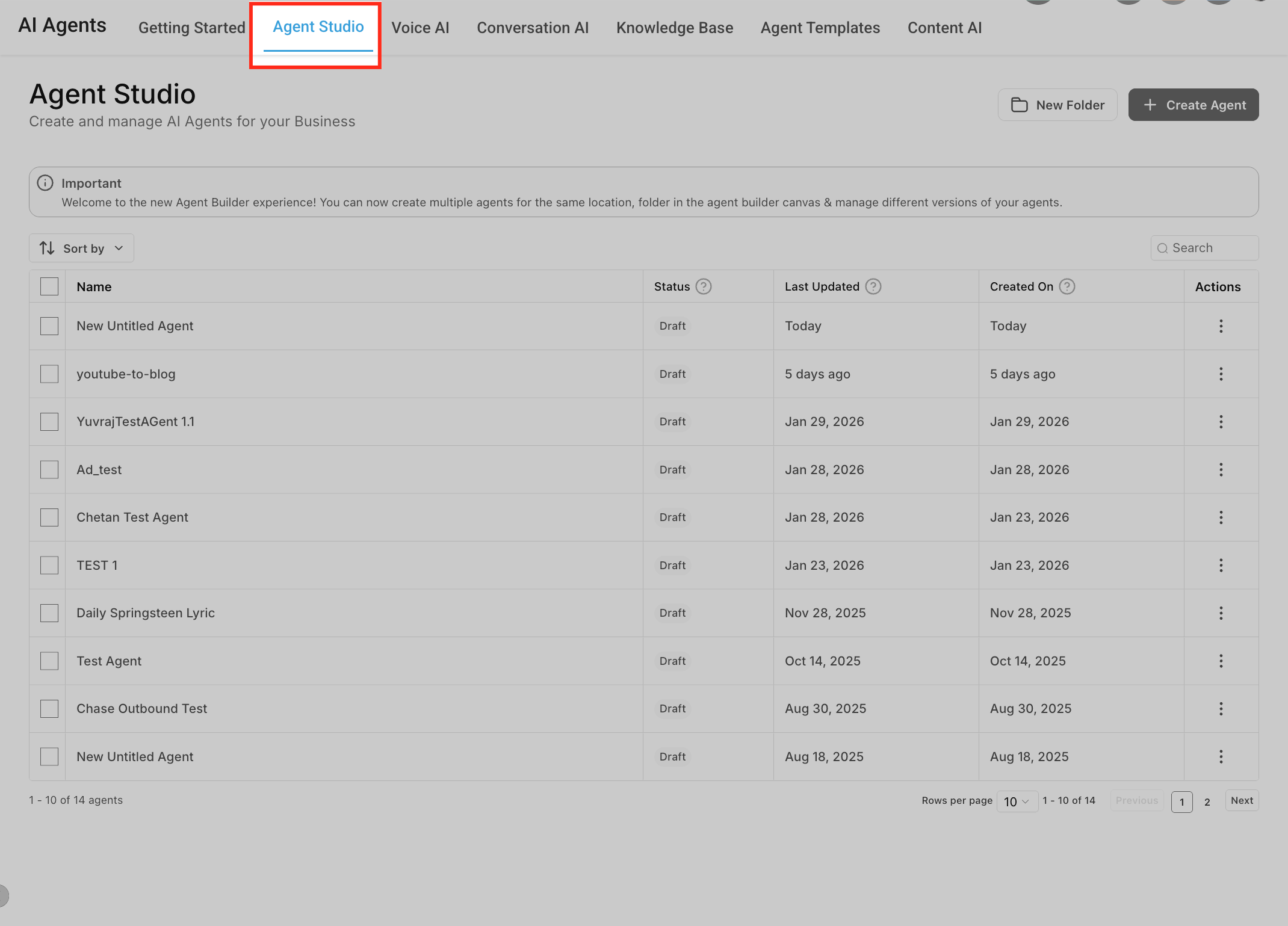 Agent Studio Dashboard in Captivation Hub