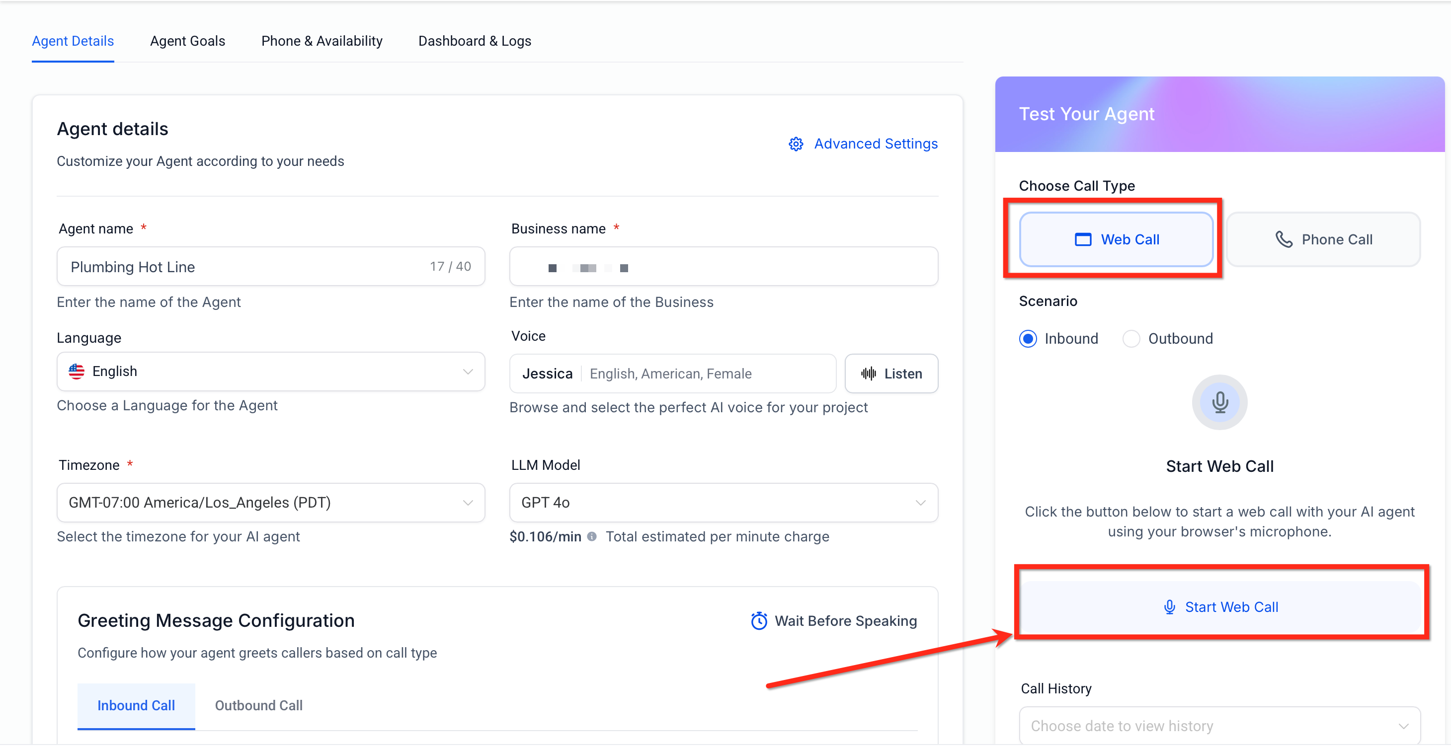 Web Call testing in Captivation Hub Voice AI