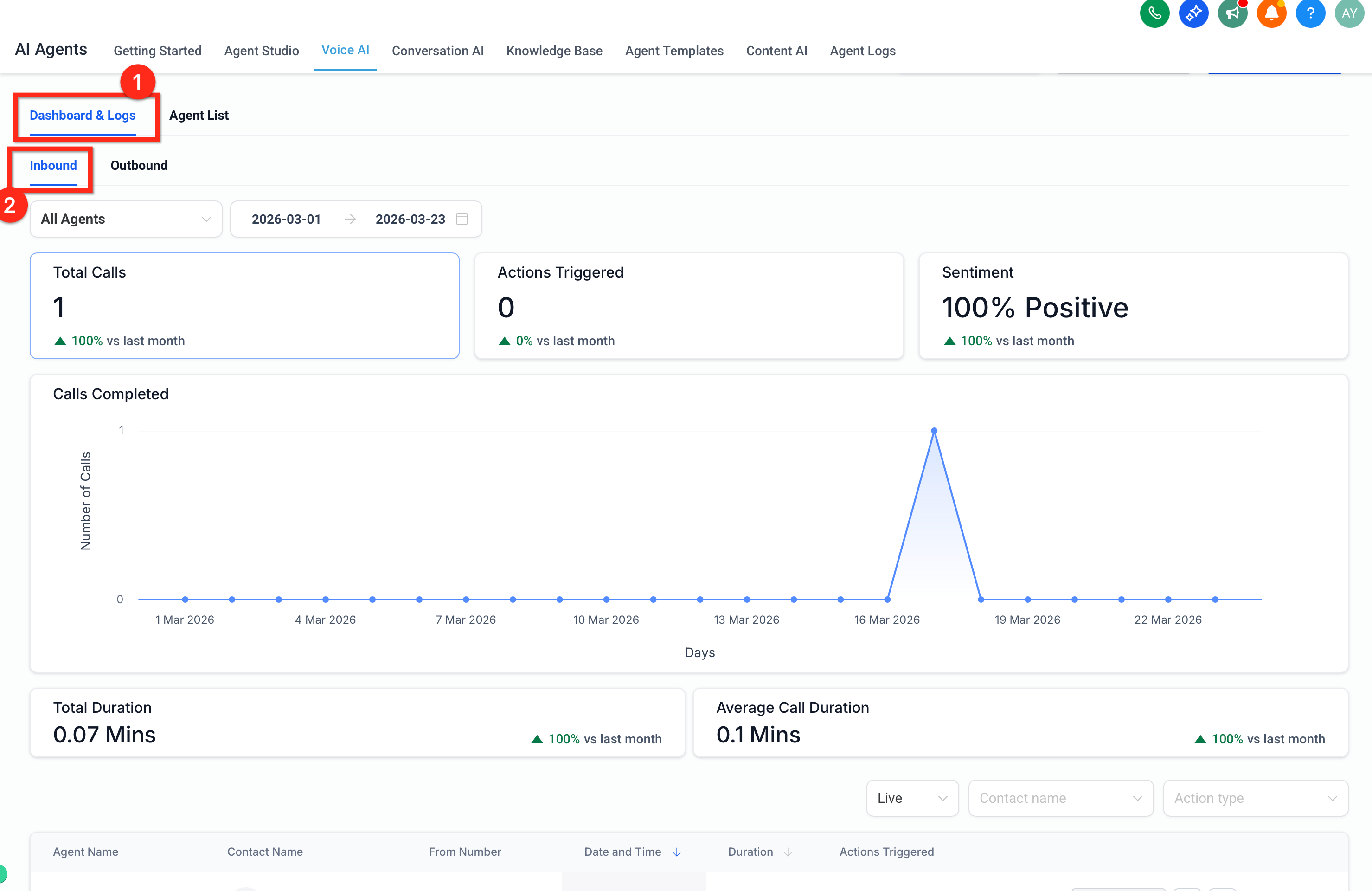 Reviewing Web Call test results in Voice AI logs