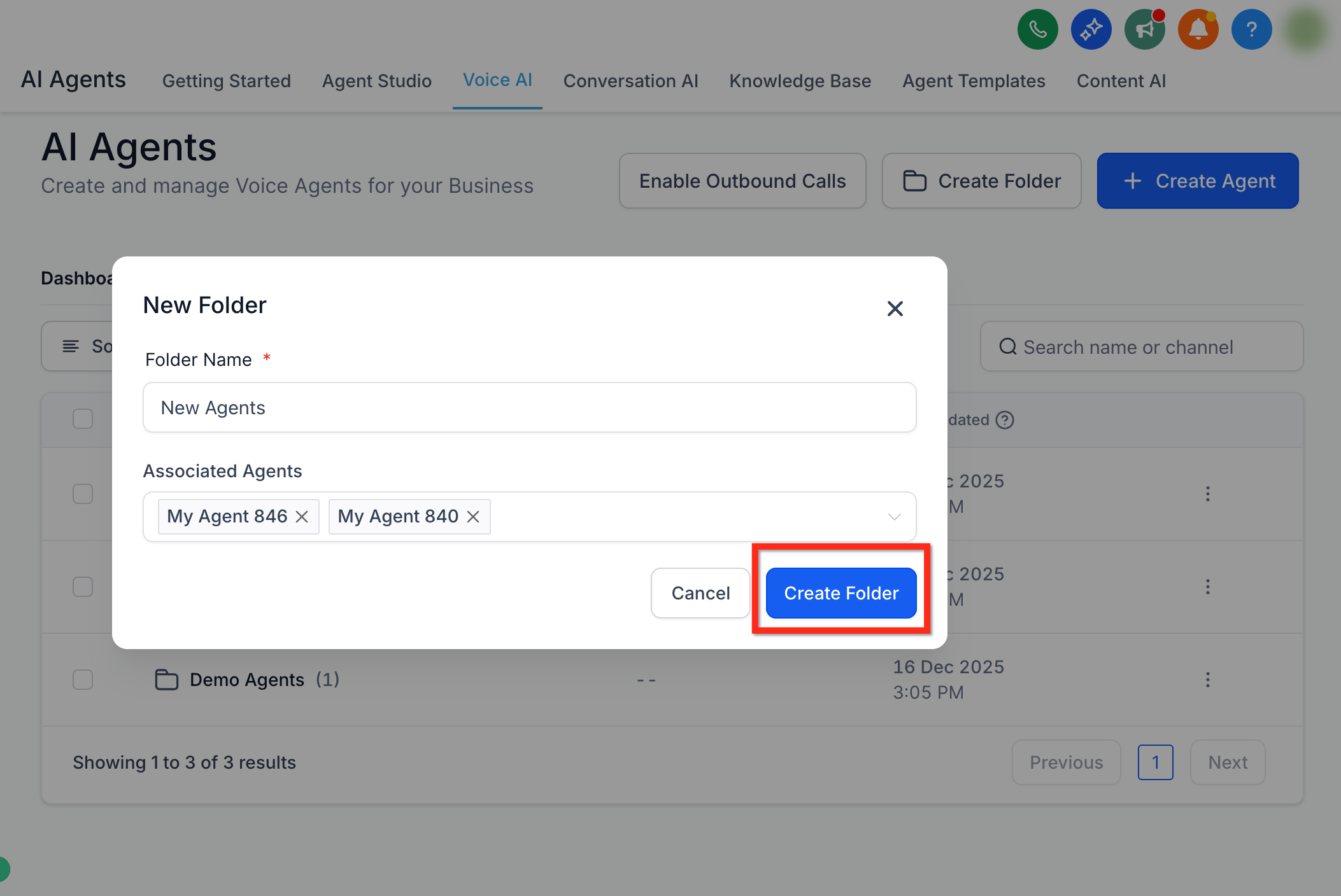 Folder name and associated agents
