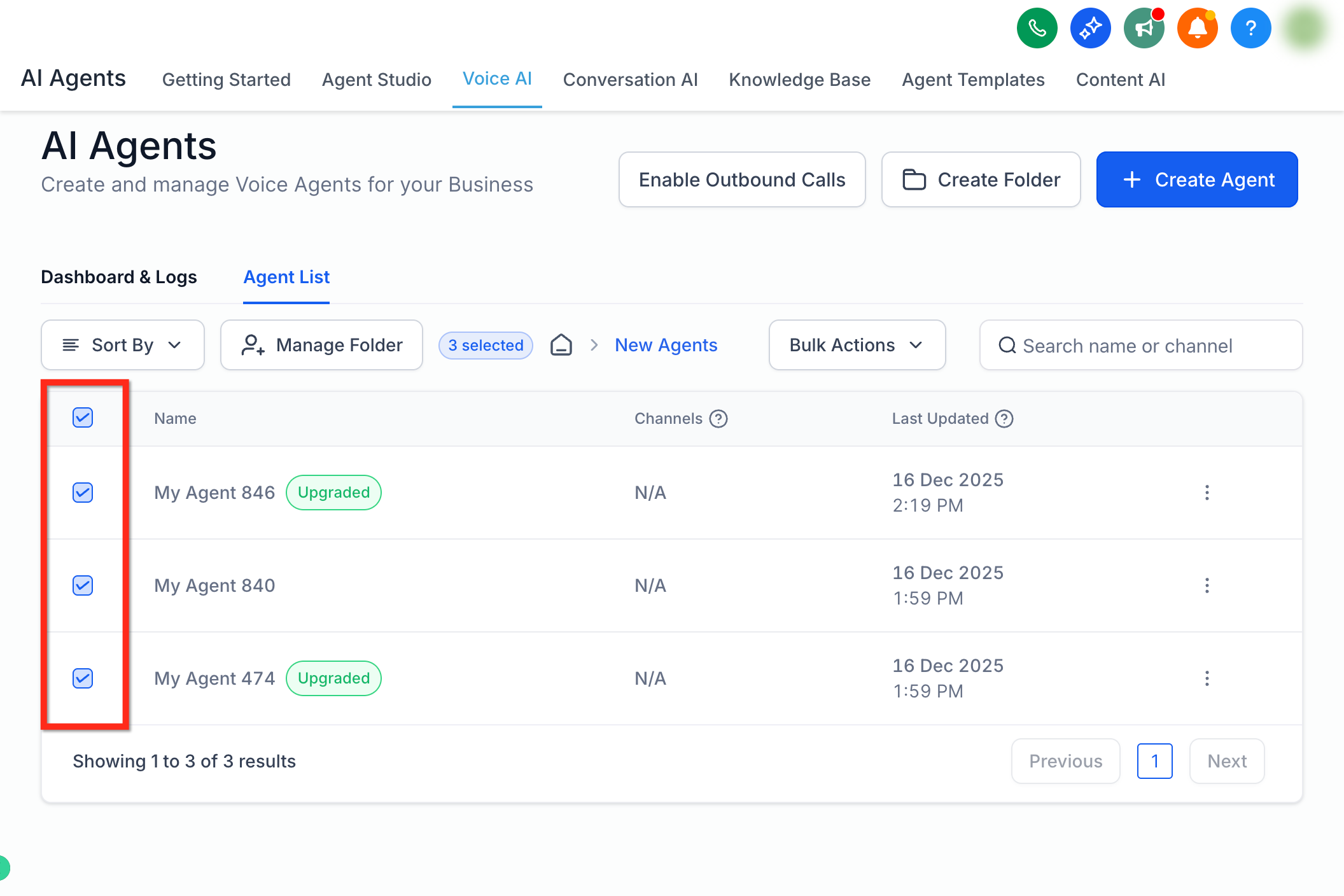 Selecting items for bulk actions