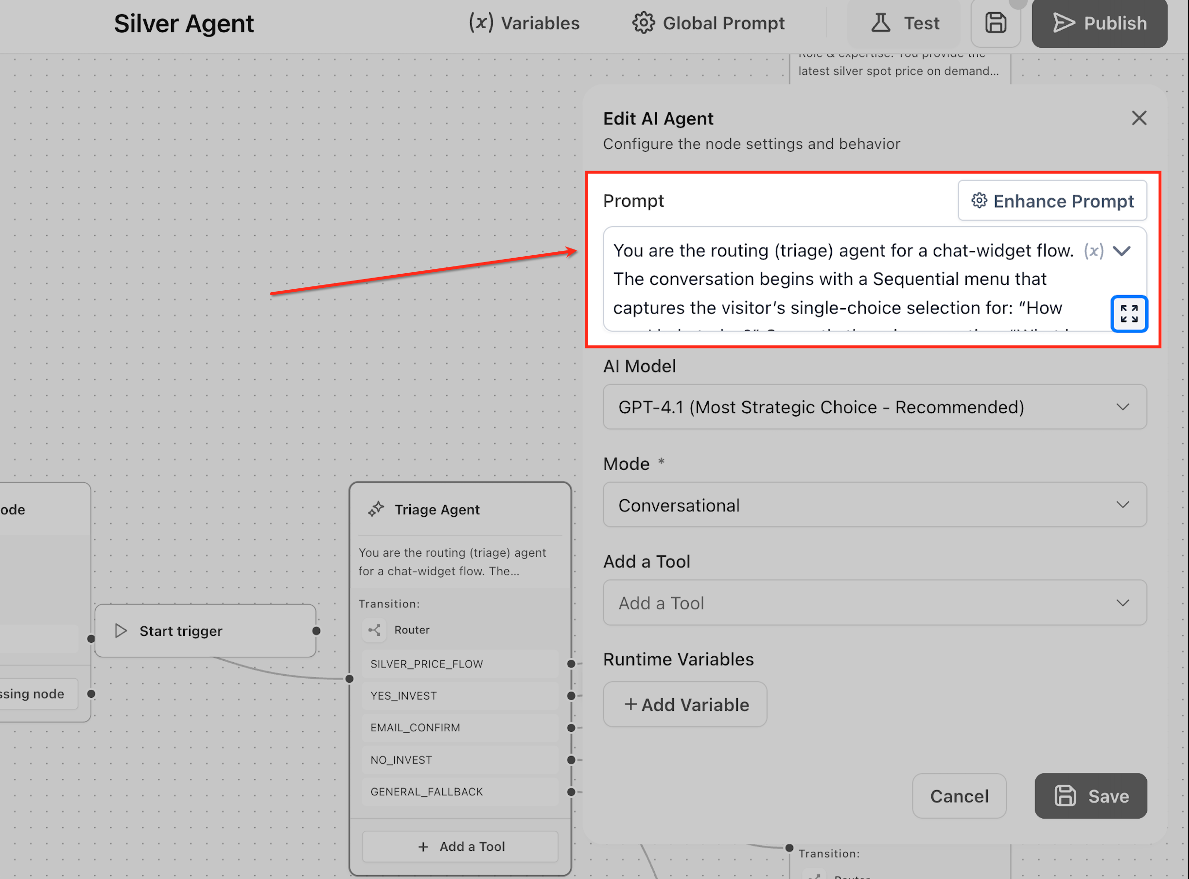 Prompt configuration in the AI Agent Node