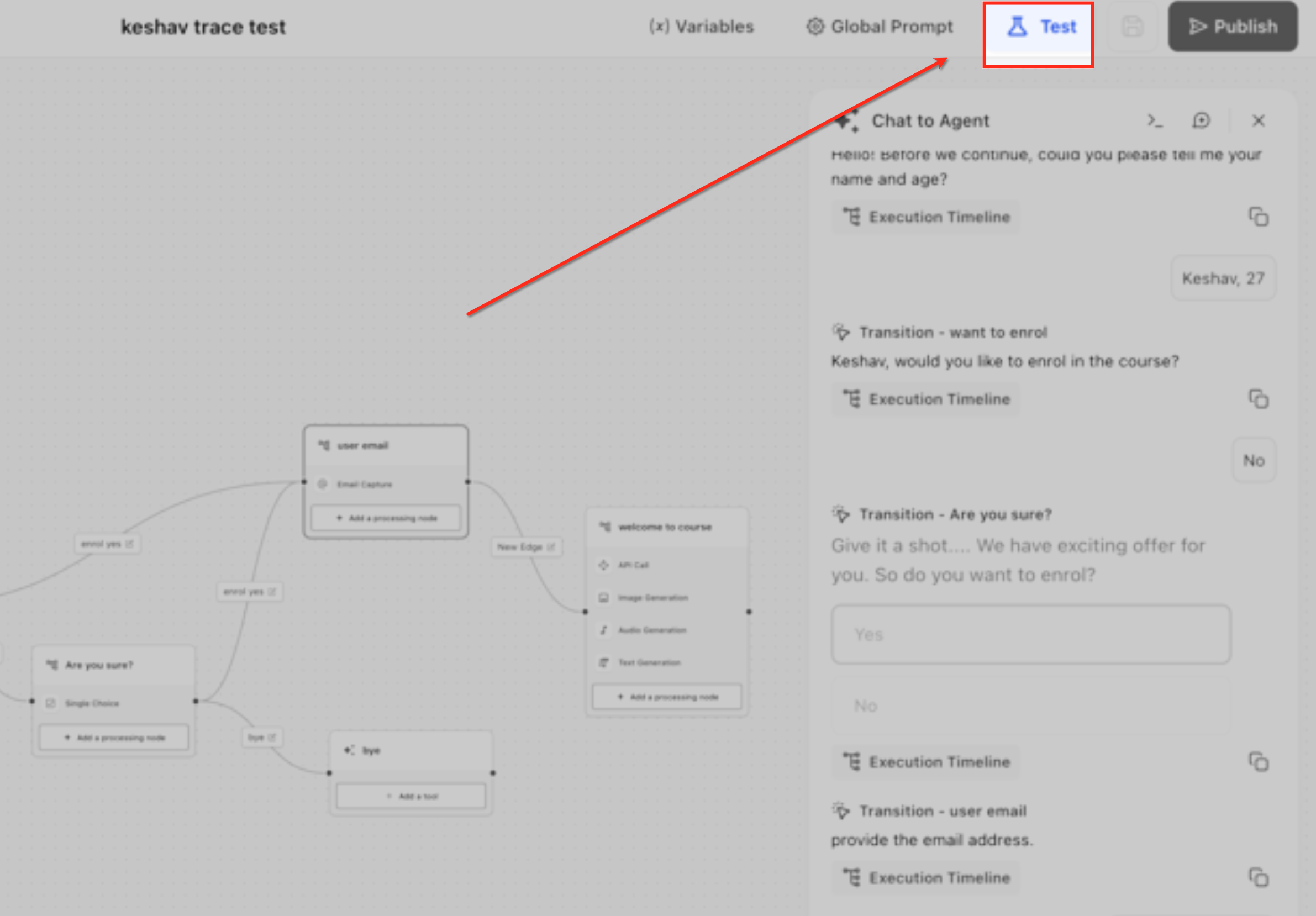 Message Execution Timeline and Chat Emulator in Captivation Hub Agent Studio