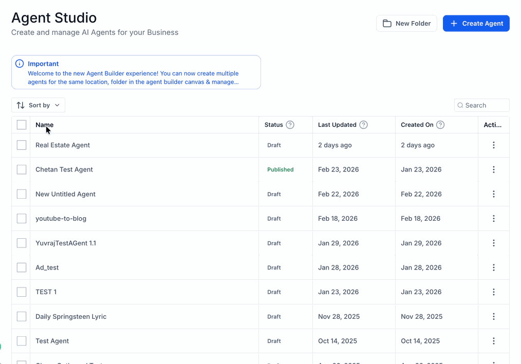 Animated example of folders organizing agents inside Agent Studio