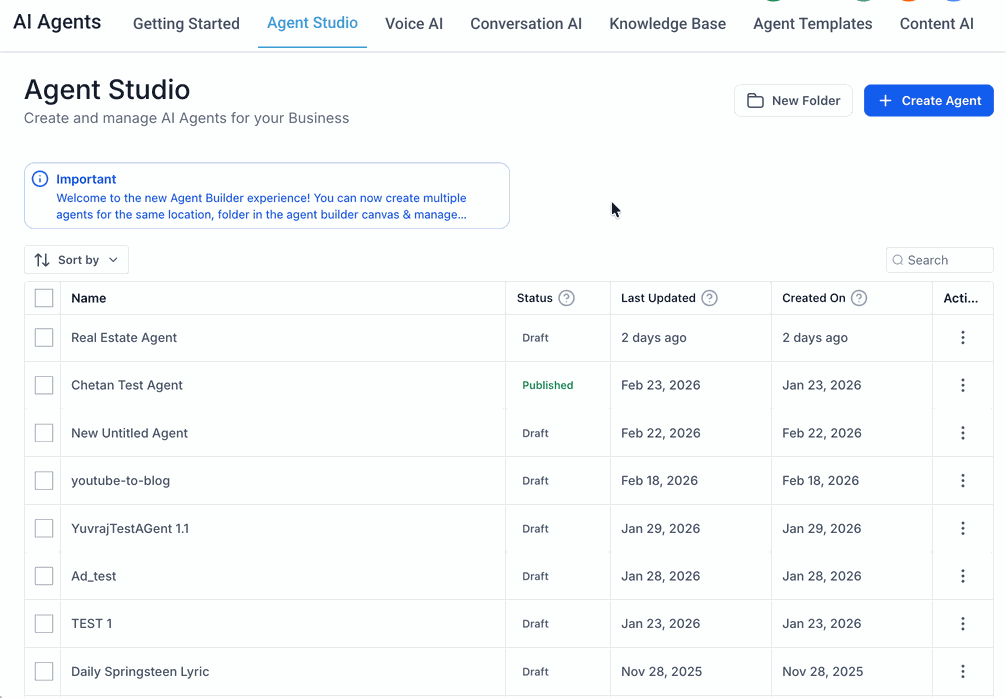 Folder organization layout in Captivation Hub Agent Studio
