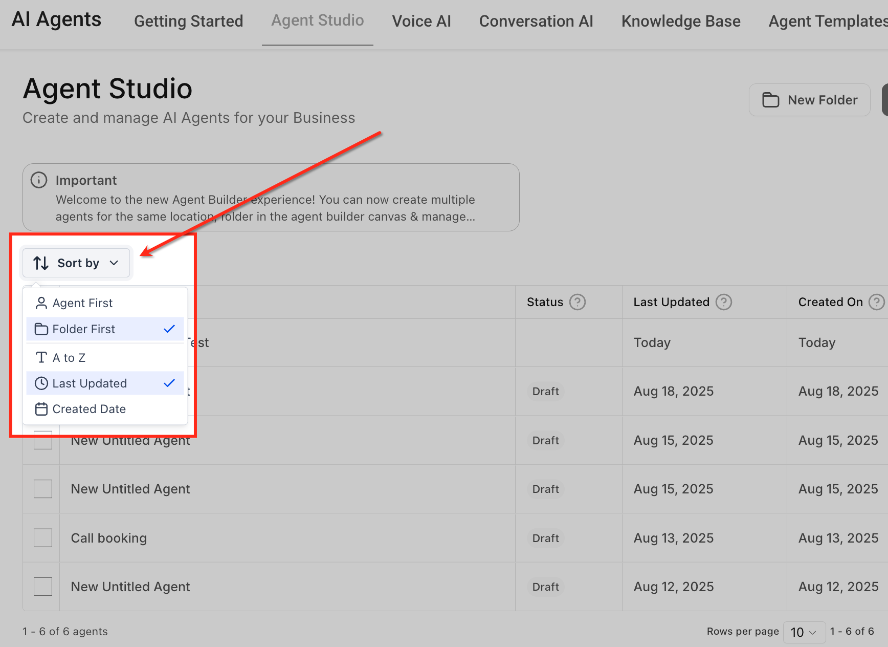 Creating a new folder in Agent Studio