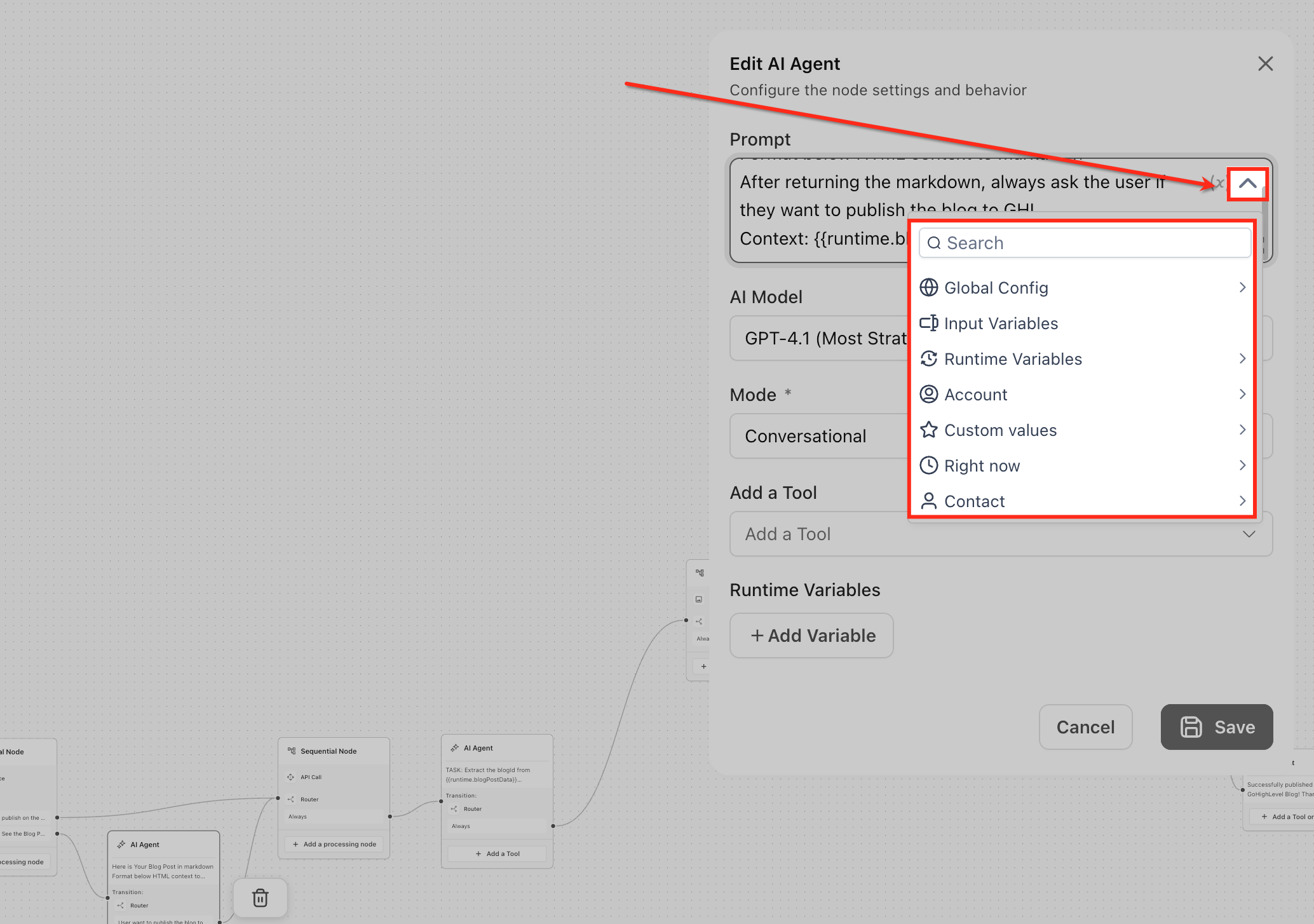 Selecting a variable category from the variable picker
