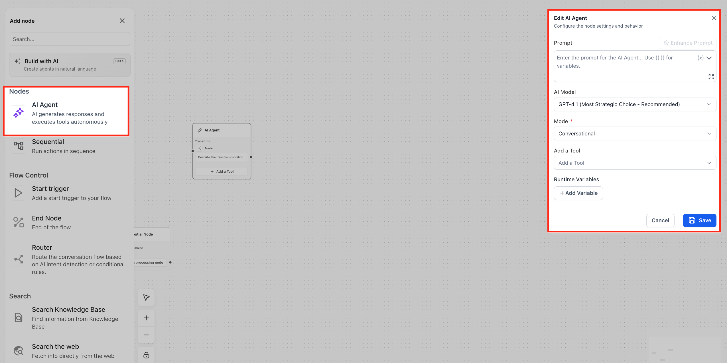 Configuring an AI Agent node with model and prompt settings