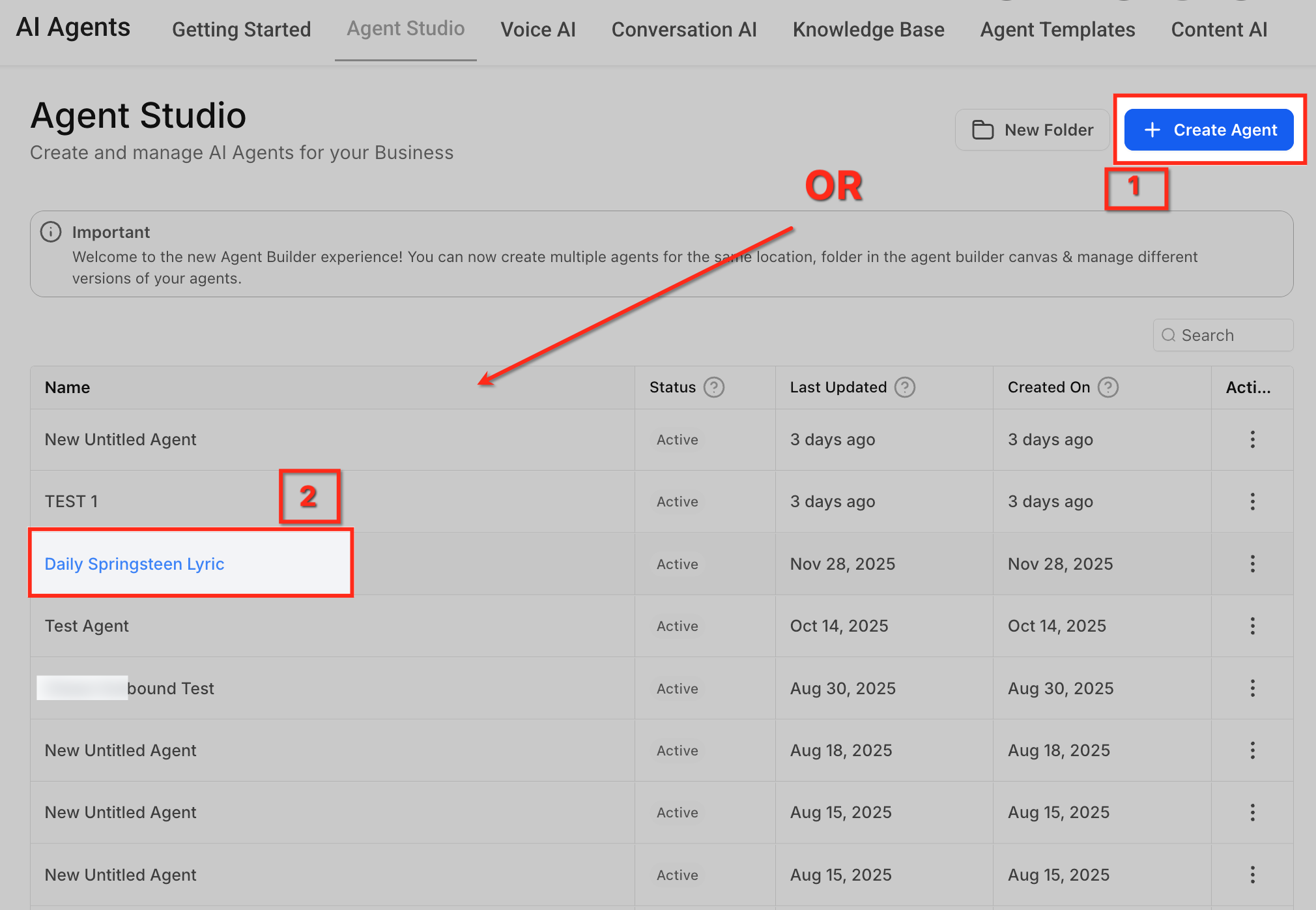 Creating a new agent in Captivation Hub Agent Studio