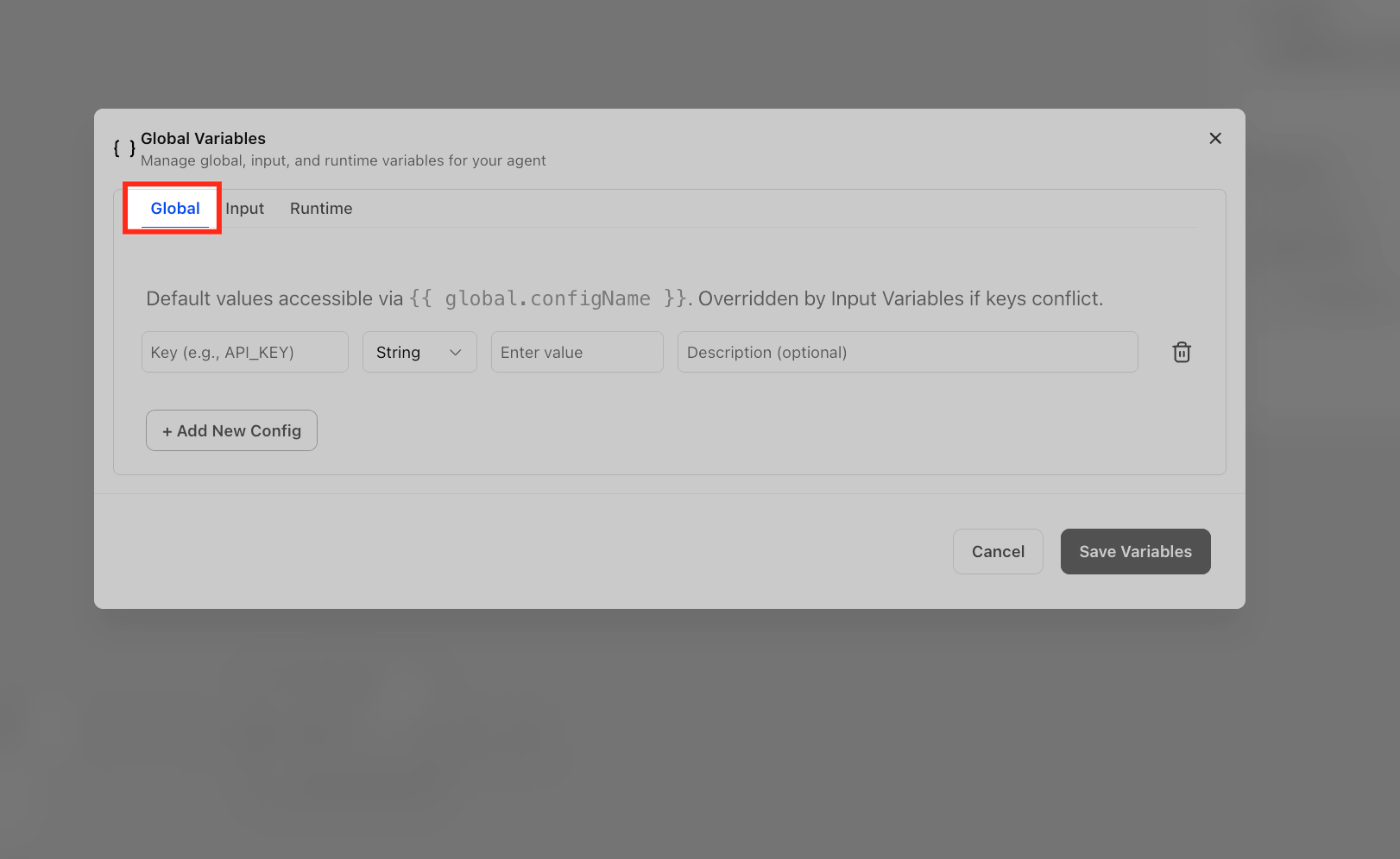 Adding a new global variable for an Agent Studio workflow