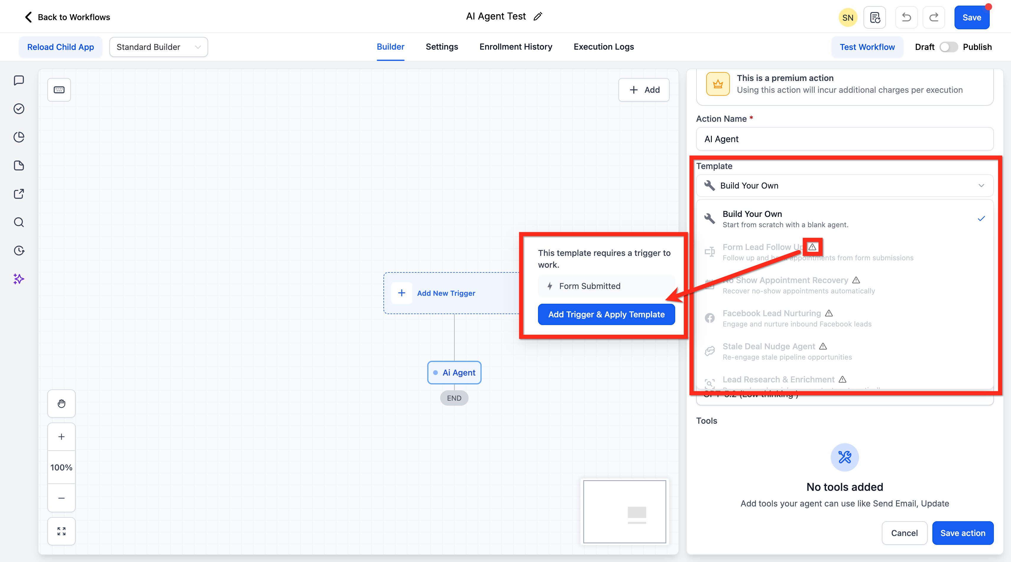 AI Agent action configuration panel