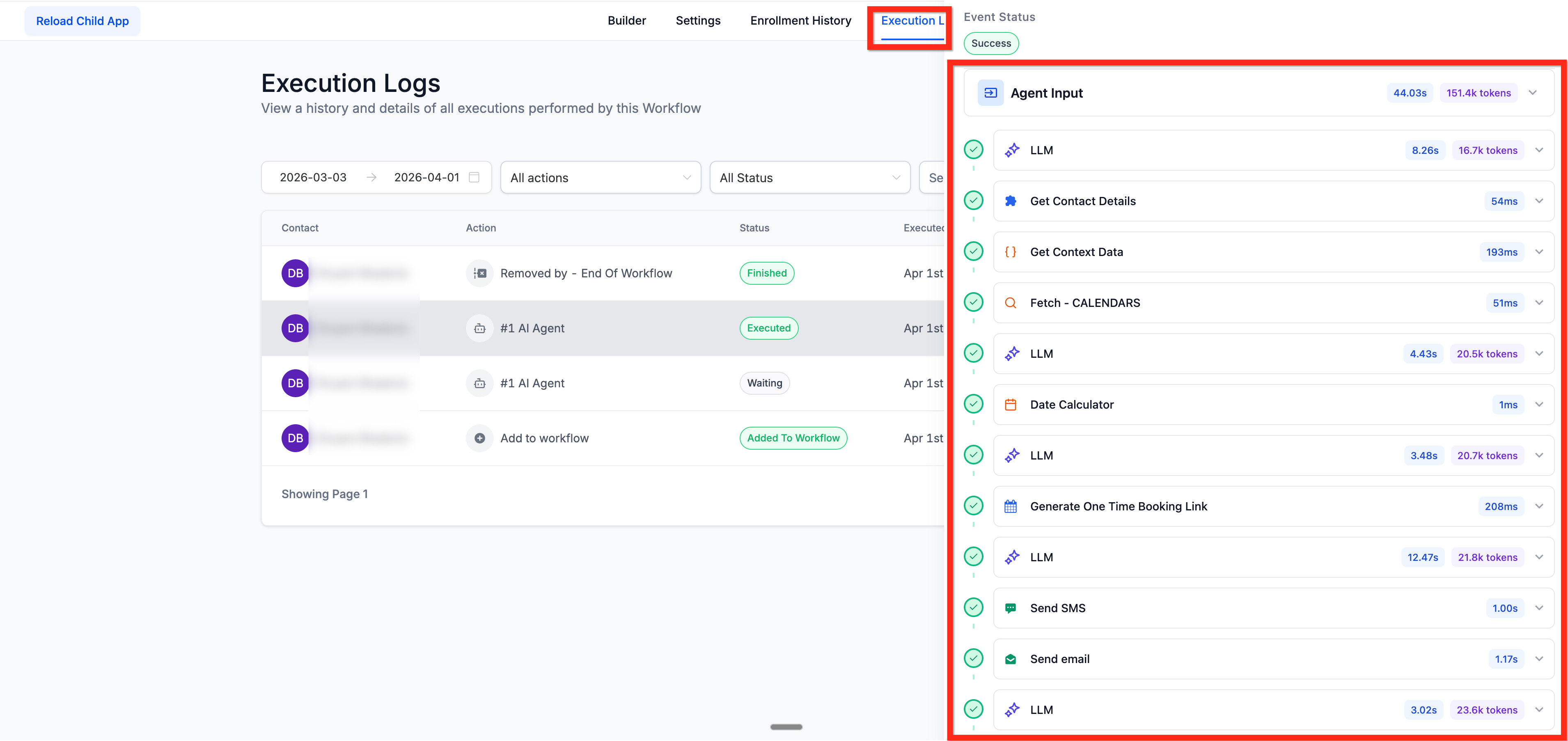 Execution Logs view for the AI Agent action