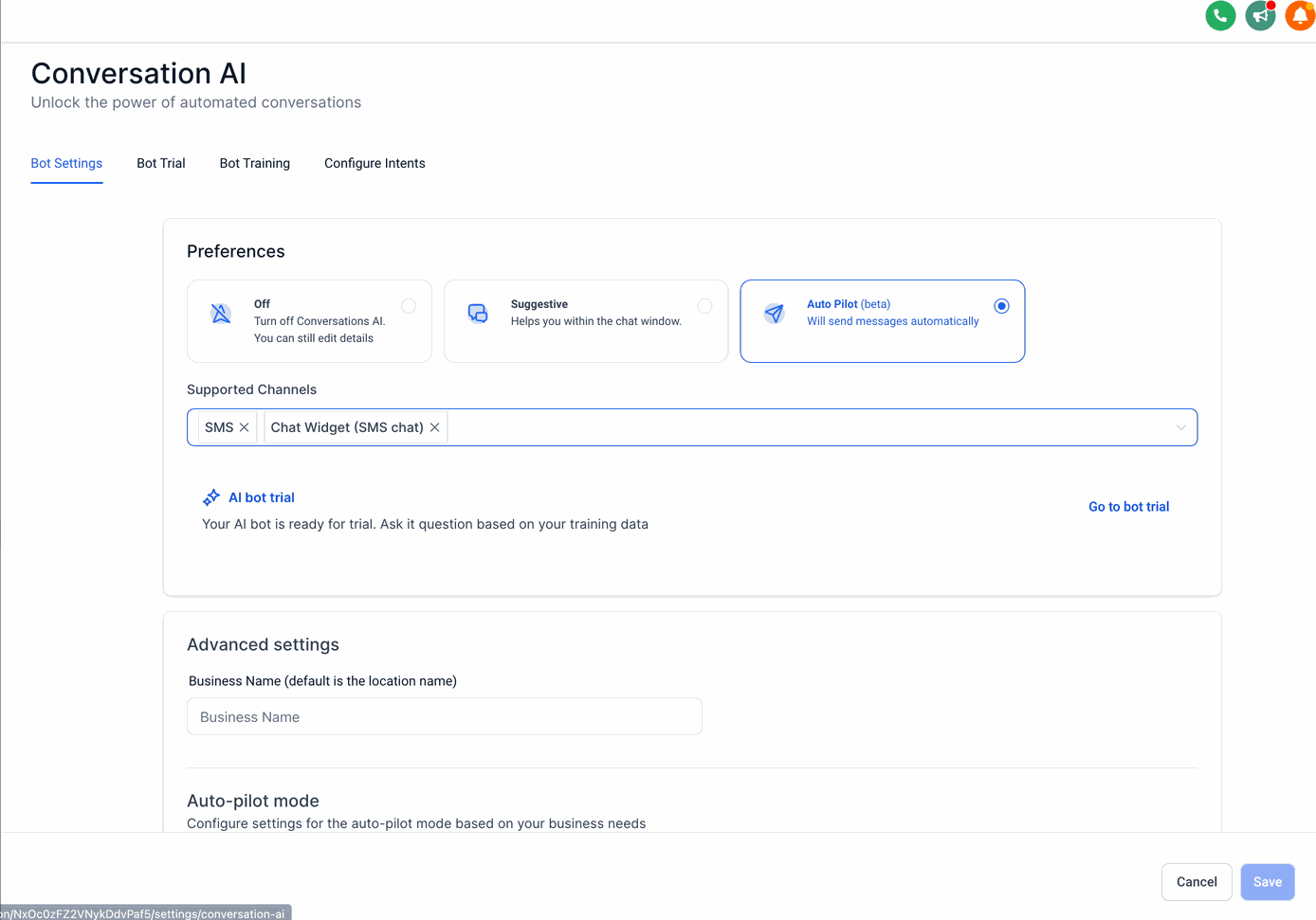 Selecting supported channels in Captivation Hub Conversation AI settings