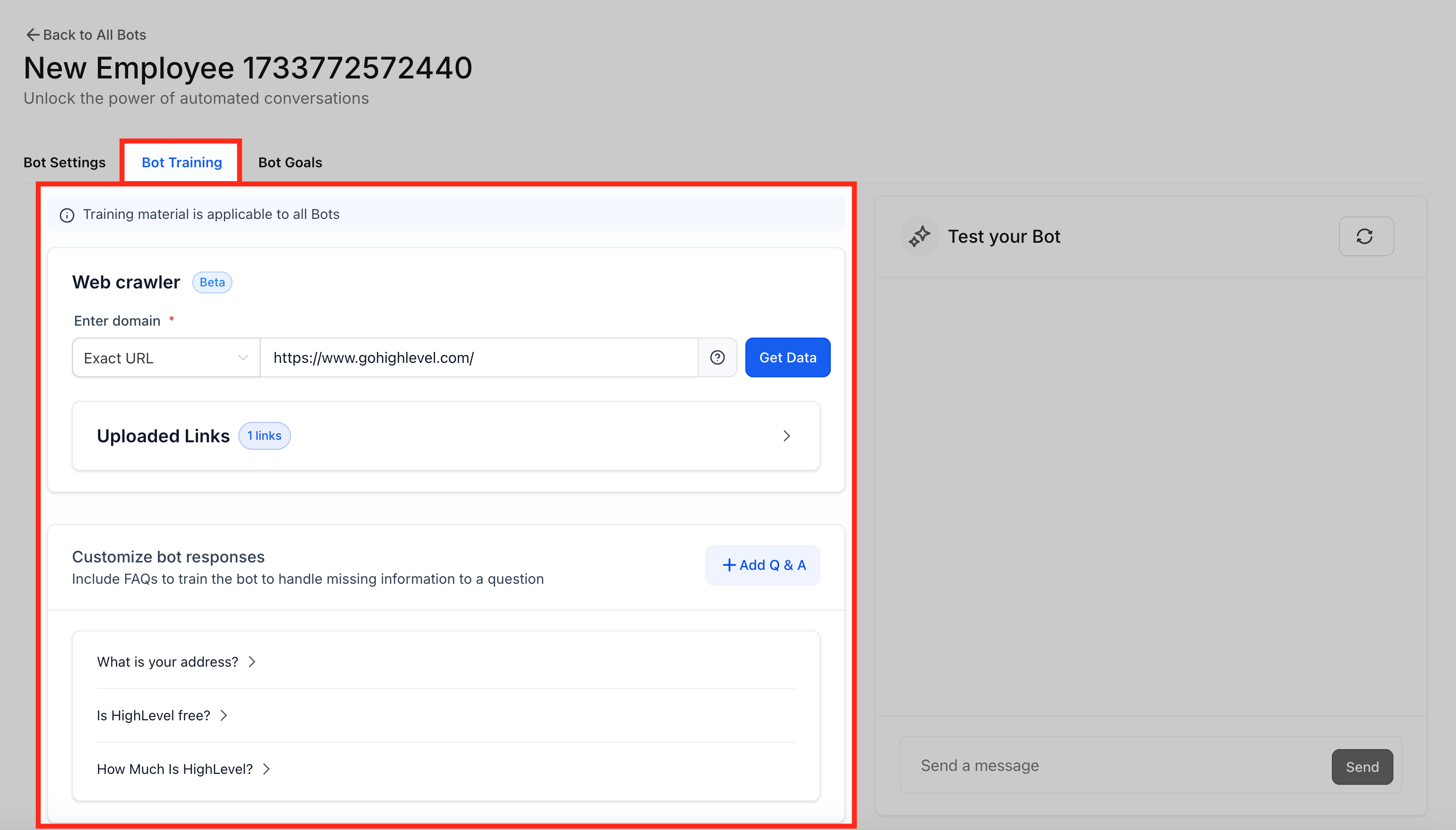 Bot Training tab inside Conversation AI