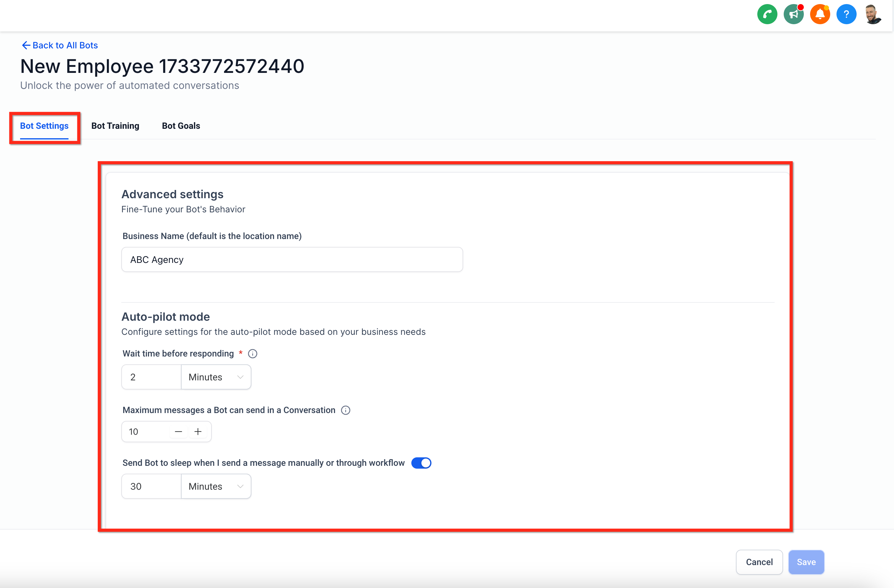Advanced bot settings inside Conversation AI