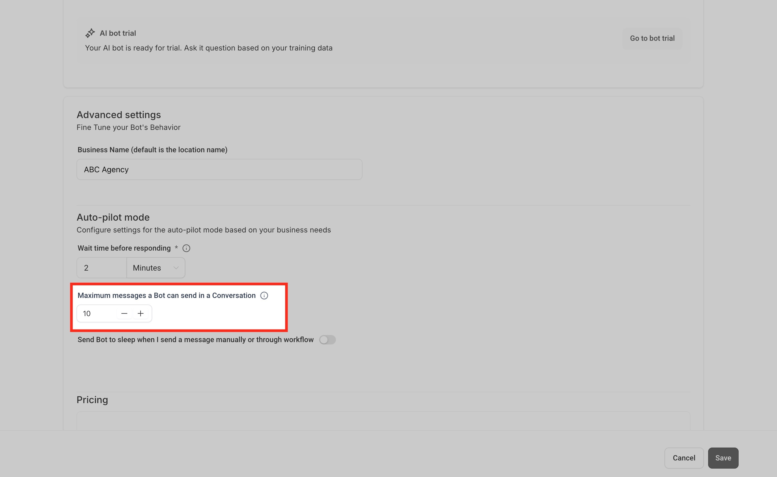 Maximum Message Limit setting in Conversation AI