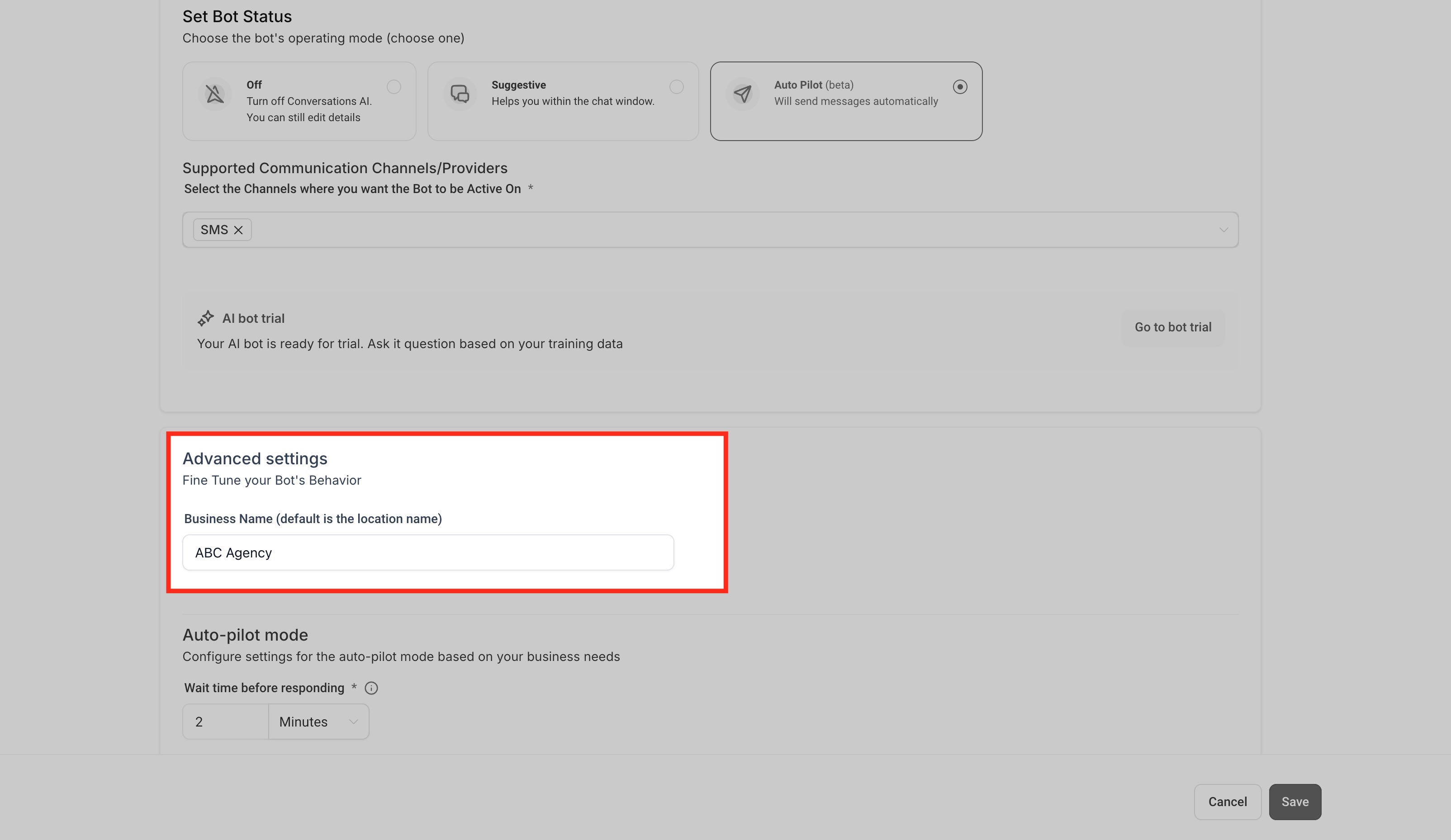 Business Name field in Conversation AI Advanced Settings
