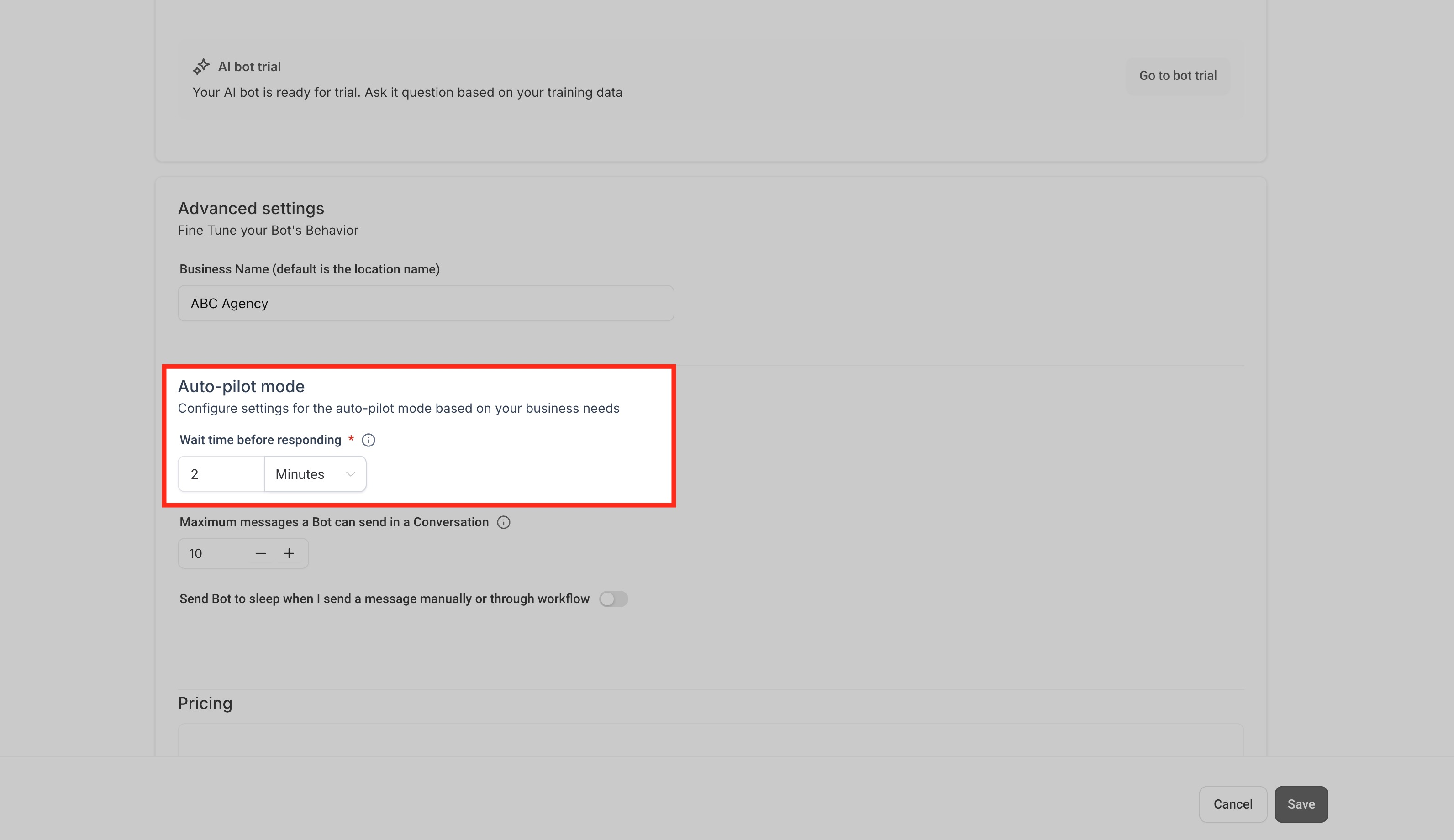 Wait Time Before Responding setting in Conversation AI