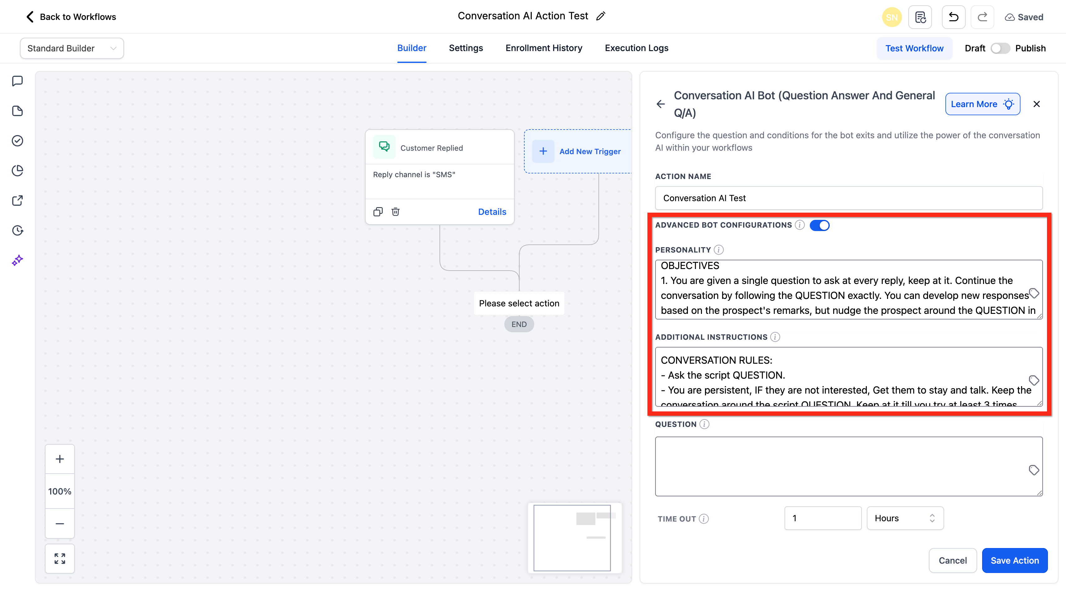 Adding the Conversation AI action to a workflow