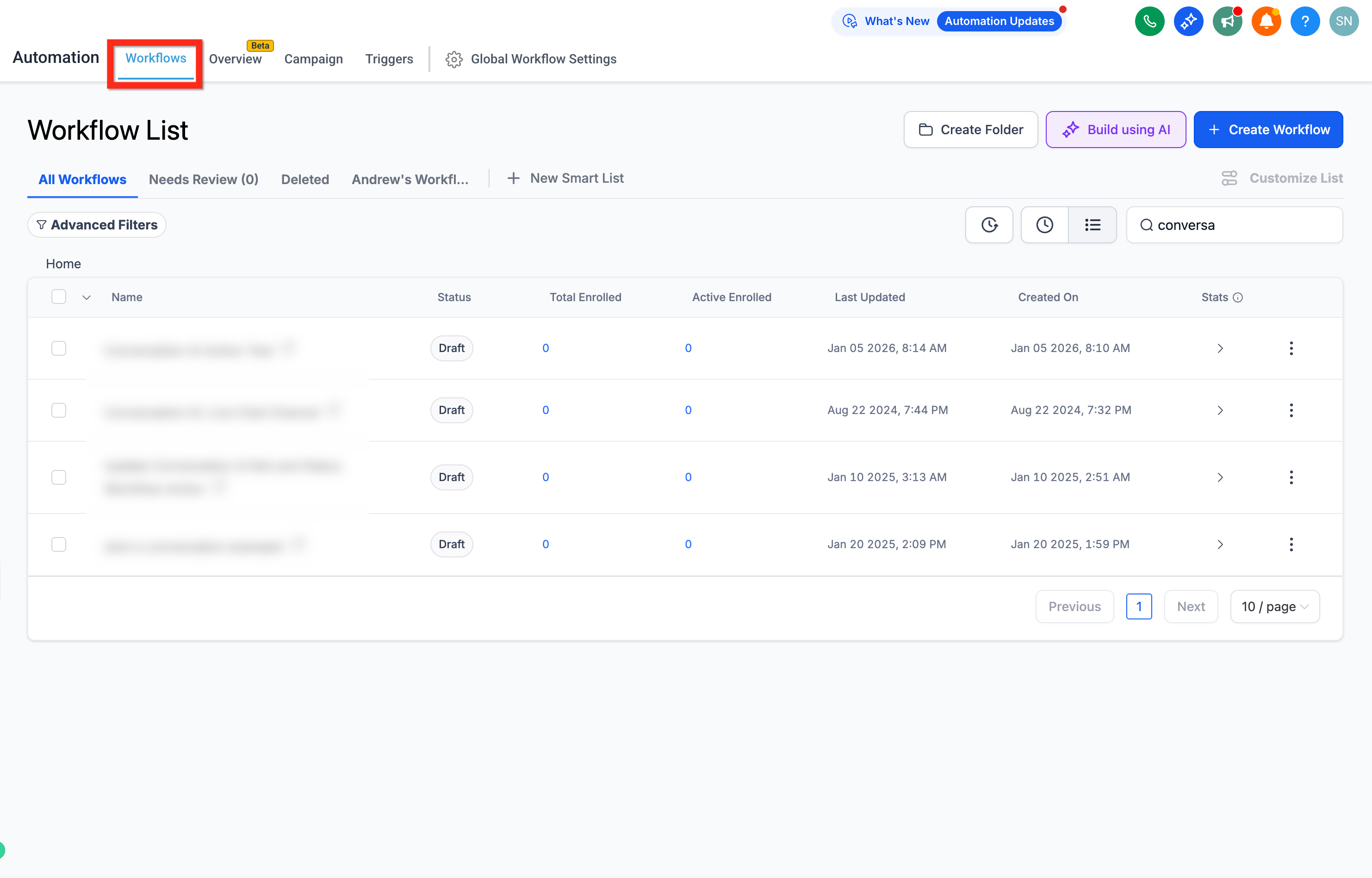 Workflows section in Captivation Hub Automations