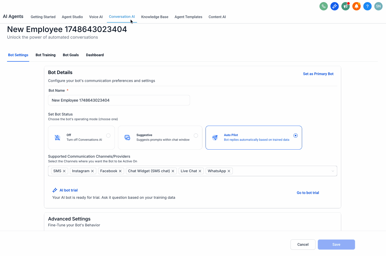Selecting a knowledge base in Bot Training