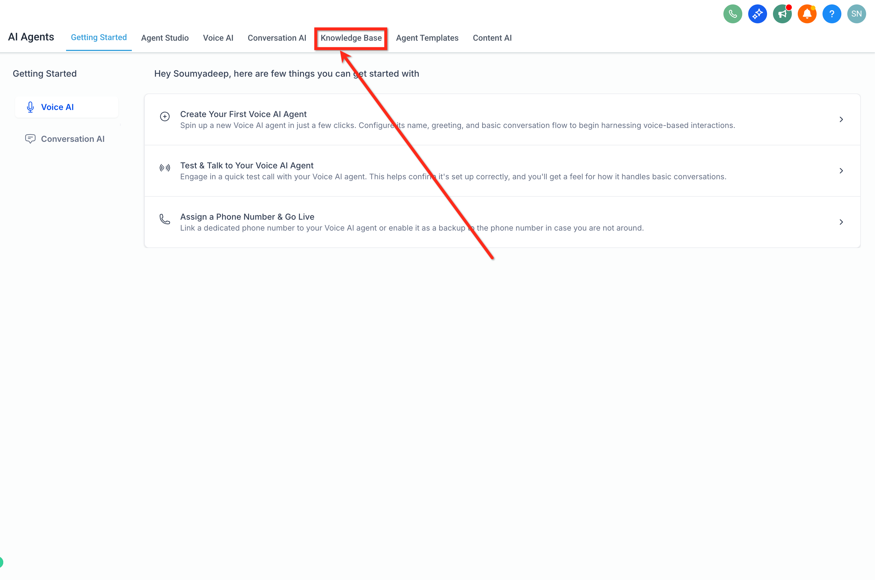 Knowledge Base tab inside AI Agents