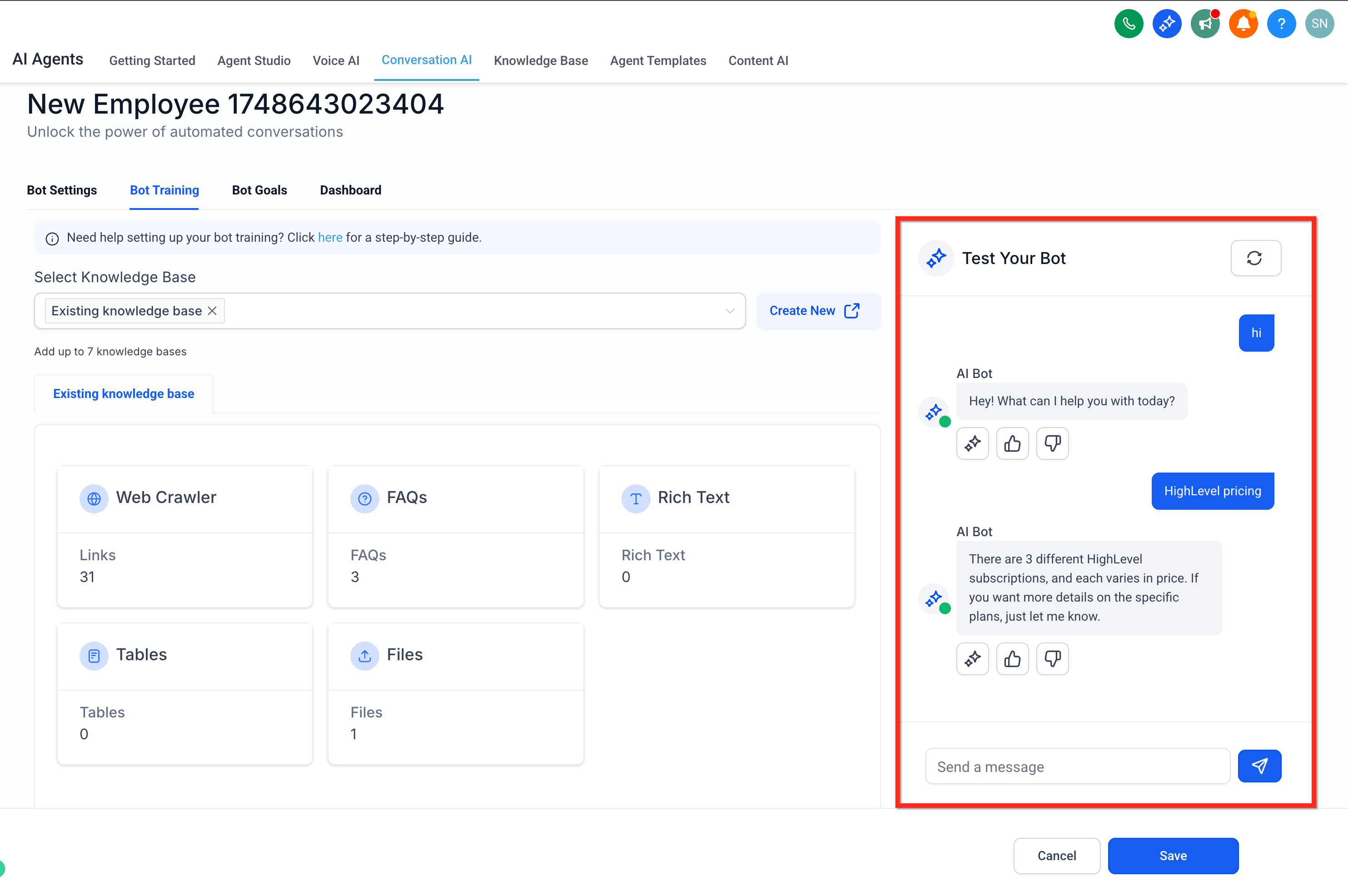 Testing the bot with knowledge base sources