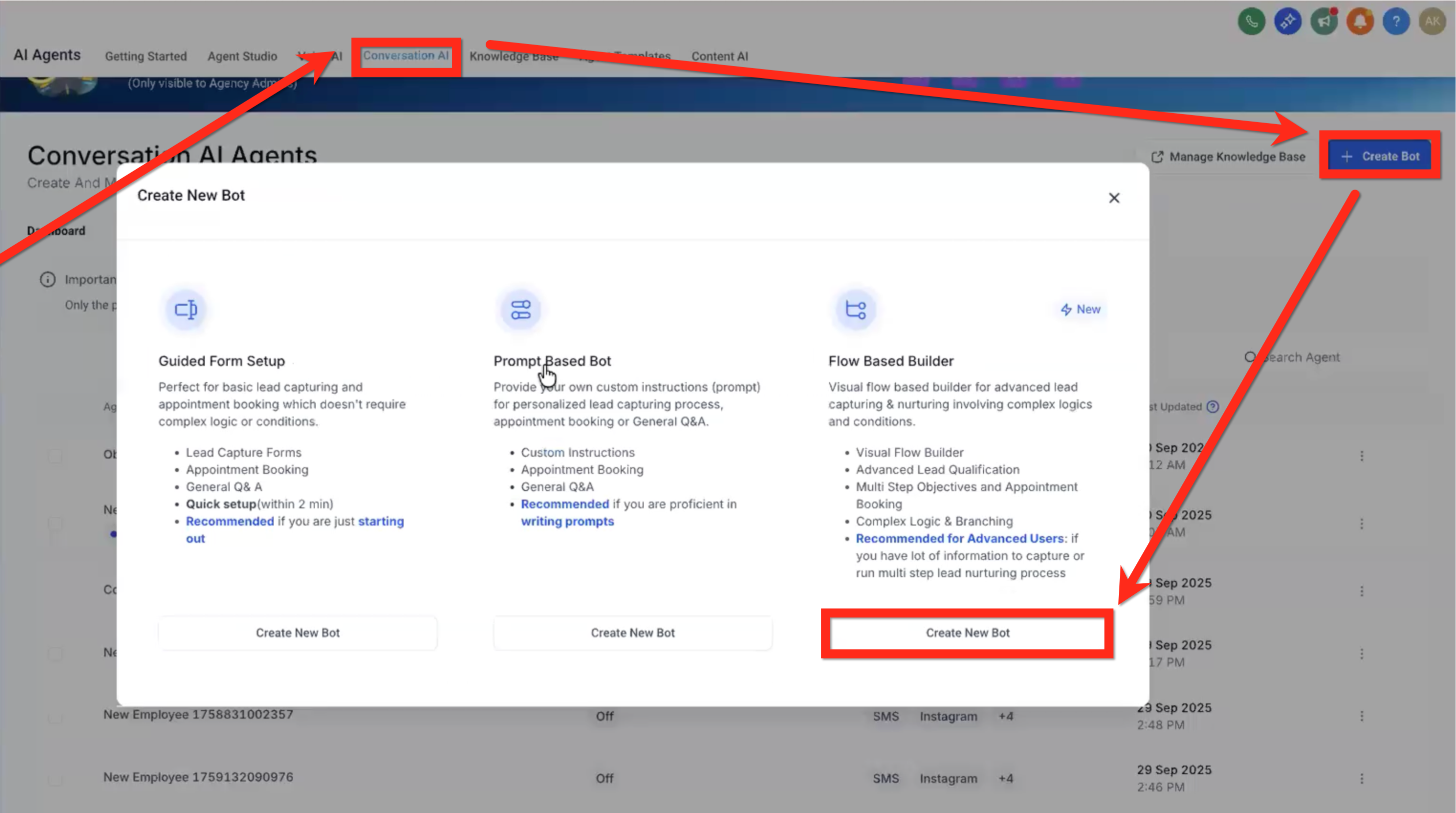 Launching the Flow Builder from the Bot Goals tab in Captivation Hub