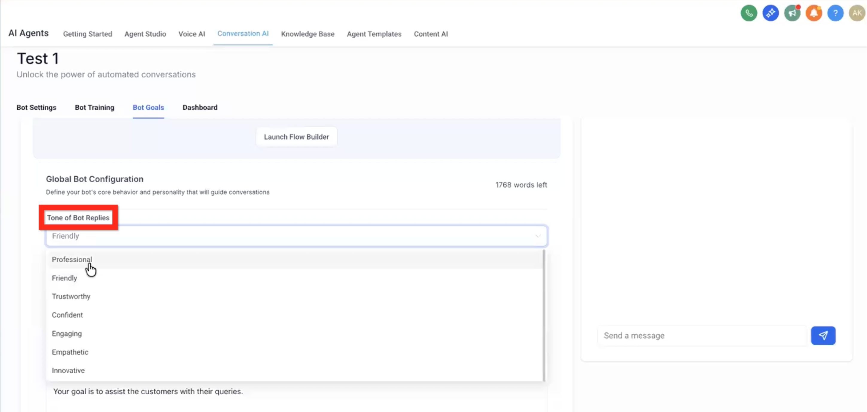 Defining a goal in the Bot Goals tab of Conversation AI