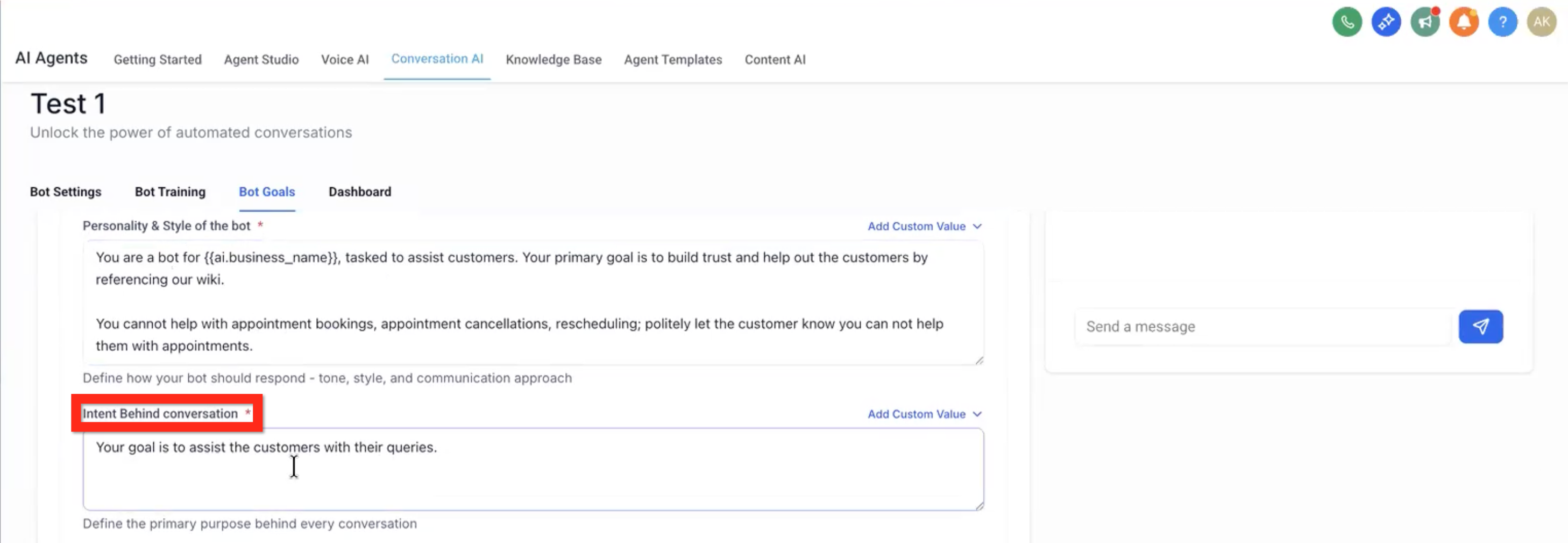 Goal description field used by the AI to route conversations in Captivation Hub